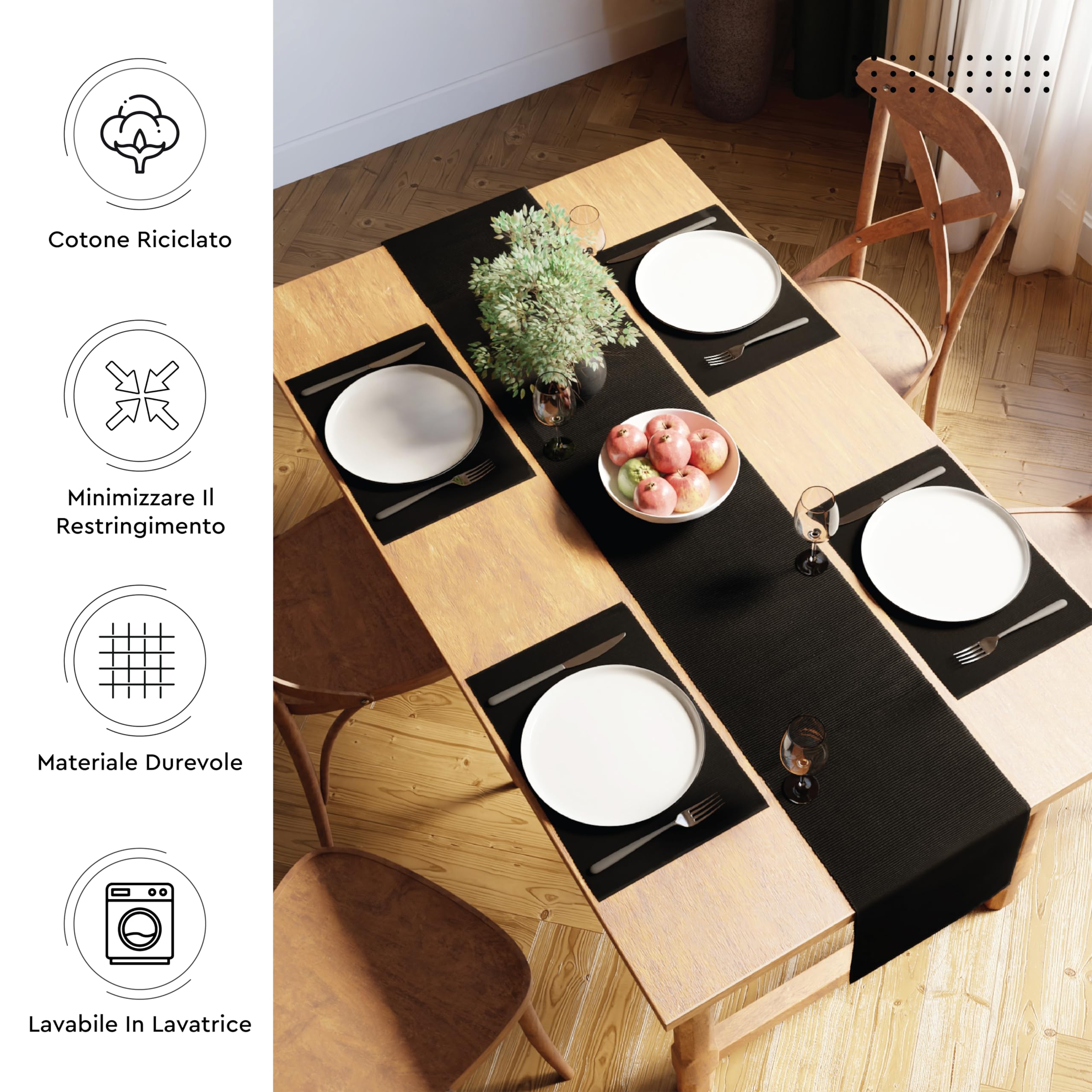 Encasa XO Runner da Tavola | Cotone a Coste Sottili Tinto in Filato | Dimensioni 32x250 cm | Nero solido | Lavabile in Lavatrice