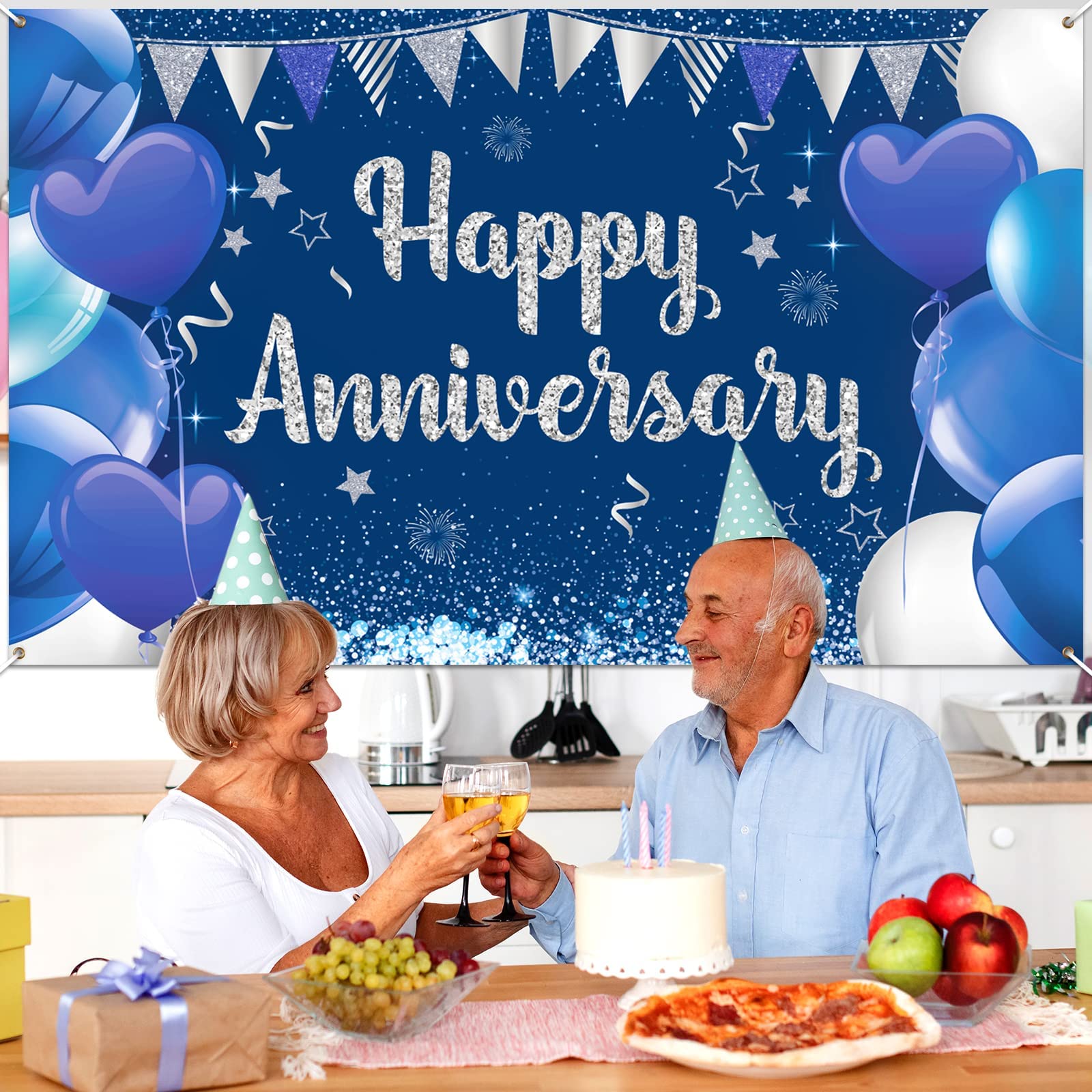 Happy Anniversary Party-Banner – 180x110 Cm, Blau-silber, Für Hochzeitstag & Geburtstagsfeiern