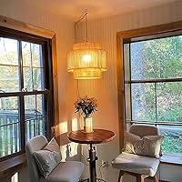 Vista 7 de Lámpara colgante enchufable con cable de enchufe, lámpara colgante bohemia regulable, pantalla de bambú tejida de mimbre de ratán, lámpara de techo