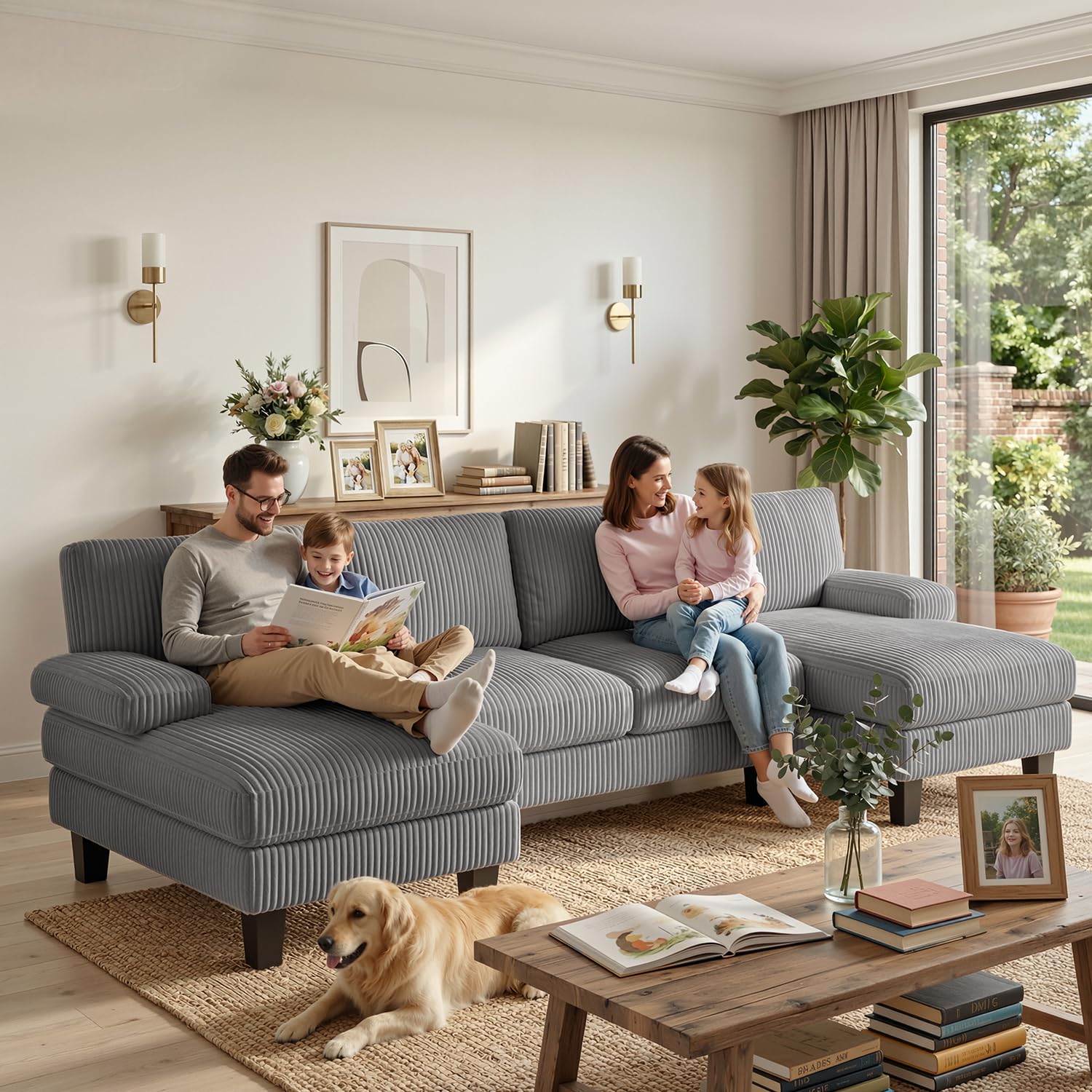 Xbro Sofa 4-osobowa w kształcie U, duża sofa rogowa do salonu, z materiałem sztruksowym, ciemnoszary, wymiary 270 x 122 x 86 cm