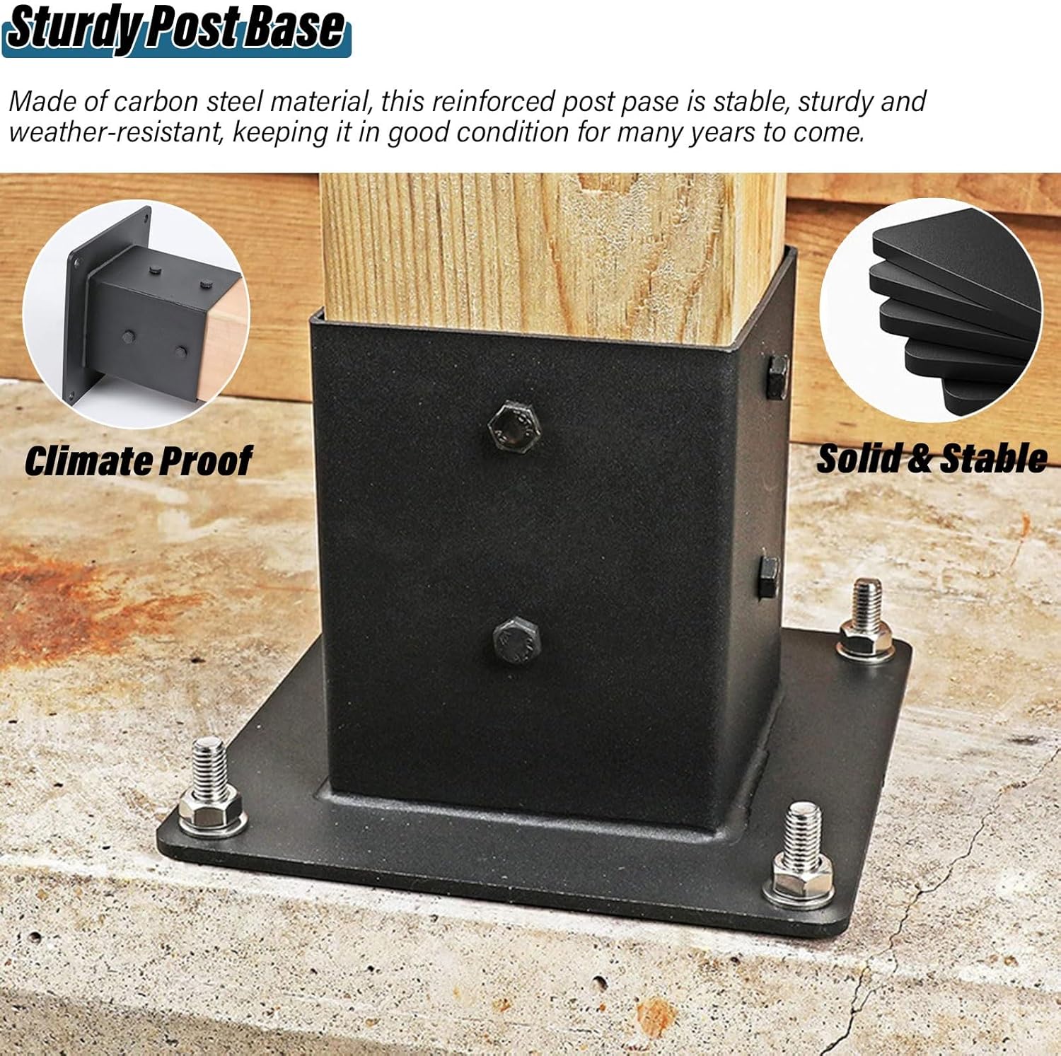 Heavy-Duty Powder-Coated Steel Fence Post Anchor Base, Black Railing Support Bracket for Wooden Decks, Pergolas, Pavilions & Log Cabins (4-Pack)