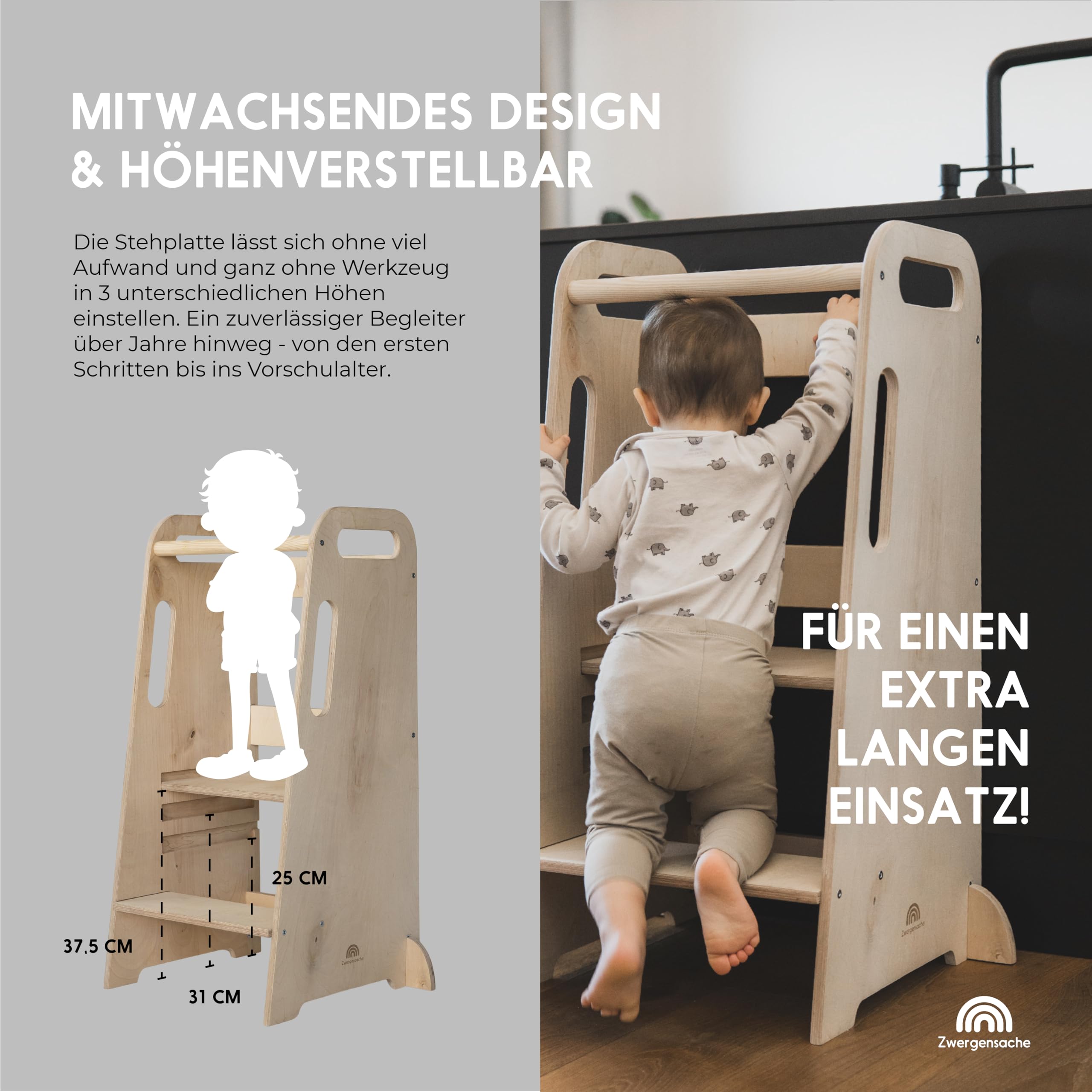 Lernturm ab 1 Jahr – Höhenverstellbar ohne Werkzeug – Kinder-Küchenhelfer, Lernturm aus Holz – kippsicher & stabil – fördert Selbstständigkeit - 1 bis 5 Jahre
