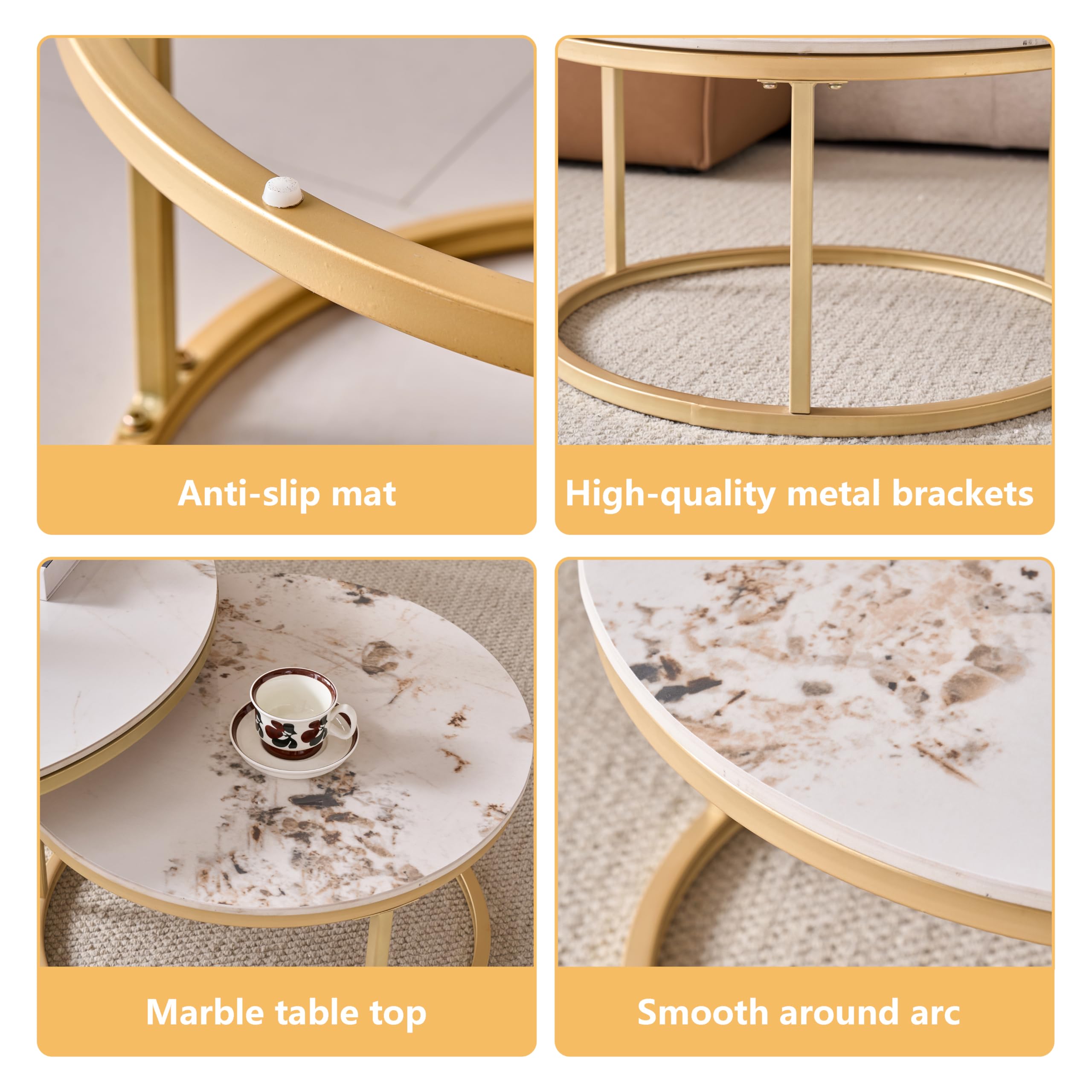 Set di 2 Tavolini da Caffè Impilabili in Marmo con Piano in Marmo Pandora e Struttura in Metallo Dorato, Tavolino Rotondo Moderno da Soggiorno - 70 x 70 x 45 cm
