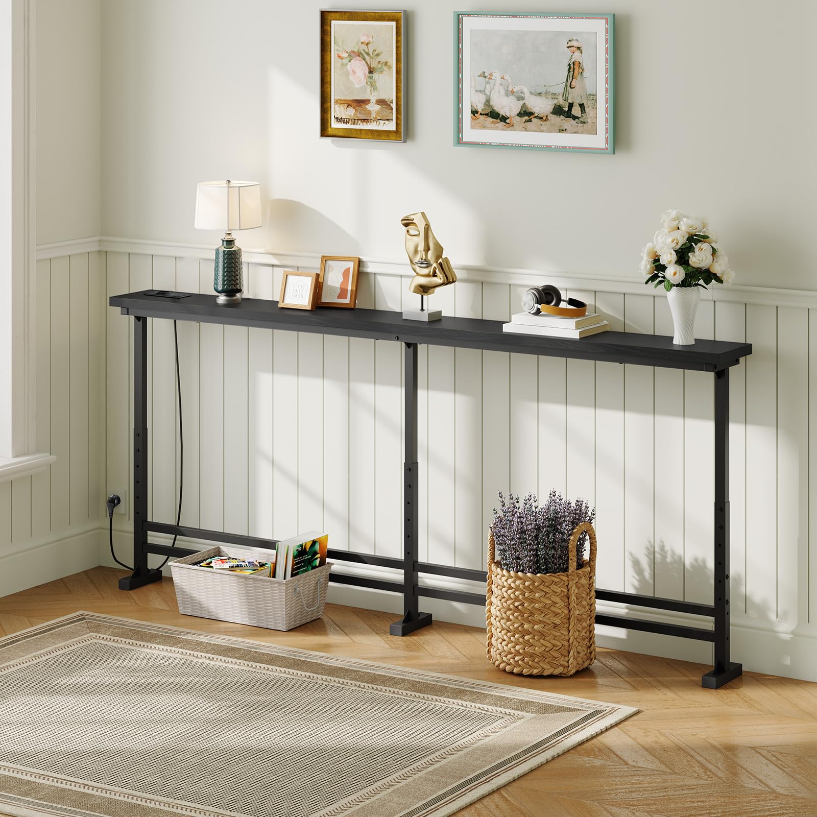 YATINEY Konsolentisch schmal, schmaler Flurtisch, 200 cm Langer Eingangstisch, 1 AC, 1 USB-A, 1 Typ-C, für Wohnzimmer, Flur, Eingangsbereich, Schwarz XCT09CBB