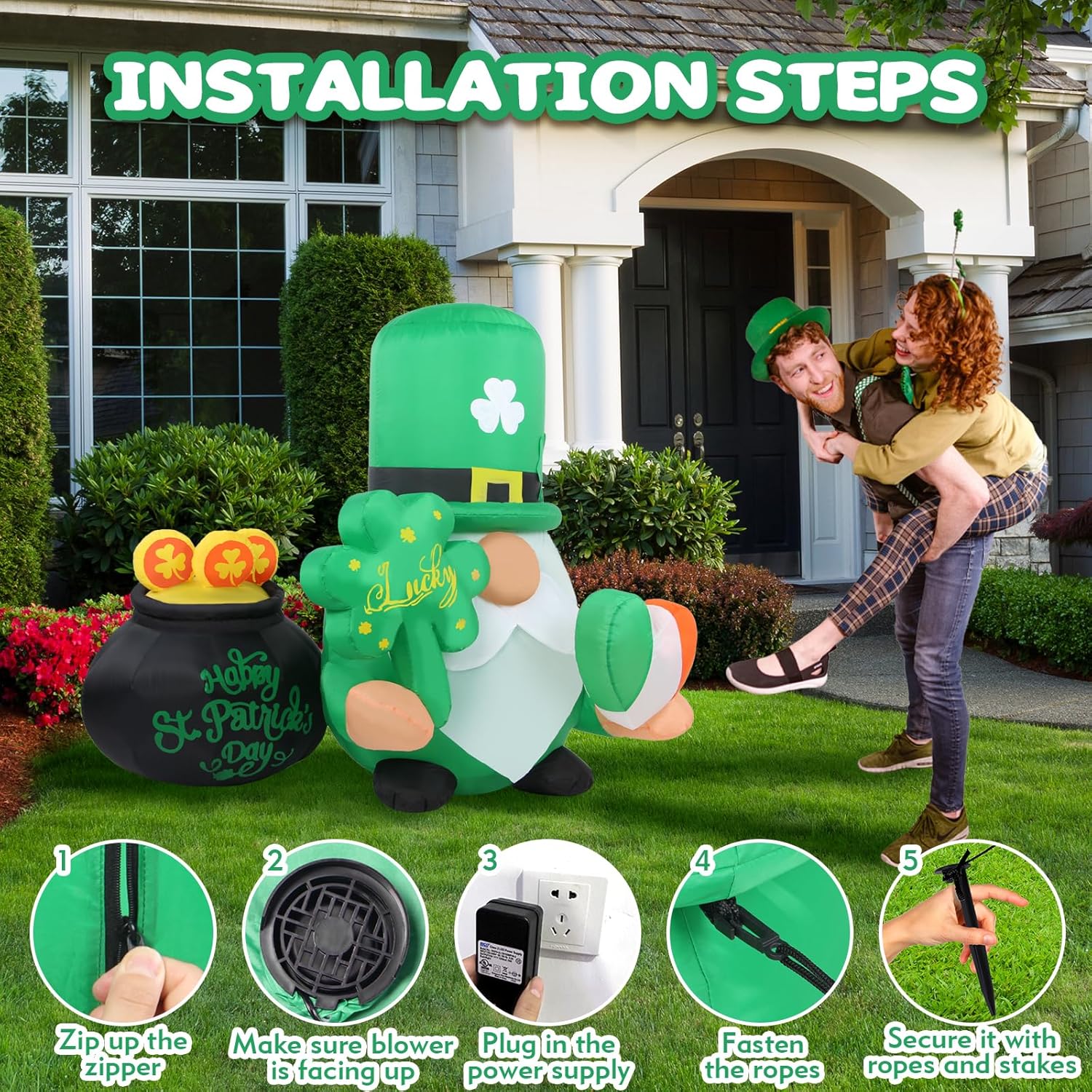 4 FT Inflatables Patrick’s Day Gnome with Shamrock St Patricks Day Inflatables LED Lighted Blow Up Decorations for Yard, Porch, and Party Decor