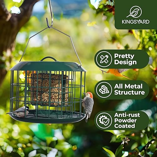 Miniatura 2 de Kingsyard Comedero de sebo a prueba de ardillas, comederos de pájaros en jaula para colgar al aire libre, todo metal, doble capacidad de pastel de