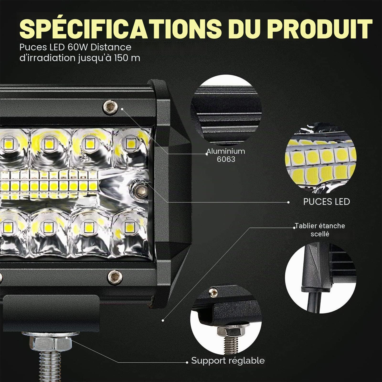 PICAA 59 cm Barre LED 4x4, 23 pouces 480W Barre Lumineuse Led 12V 24V