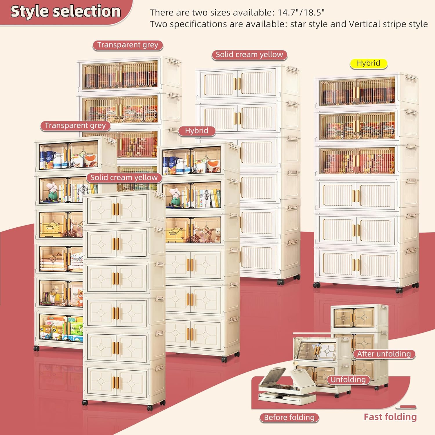 3-Tier Stackable Storage Bins with Lids, Foldable Plastic Organizer with Wheels, for Closet Bedroom (Stripe - 2 Clear & 1 Yellow, 3 Tier - 18.5" D x 9.6" W x 28.7" H)