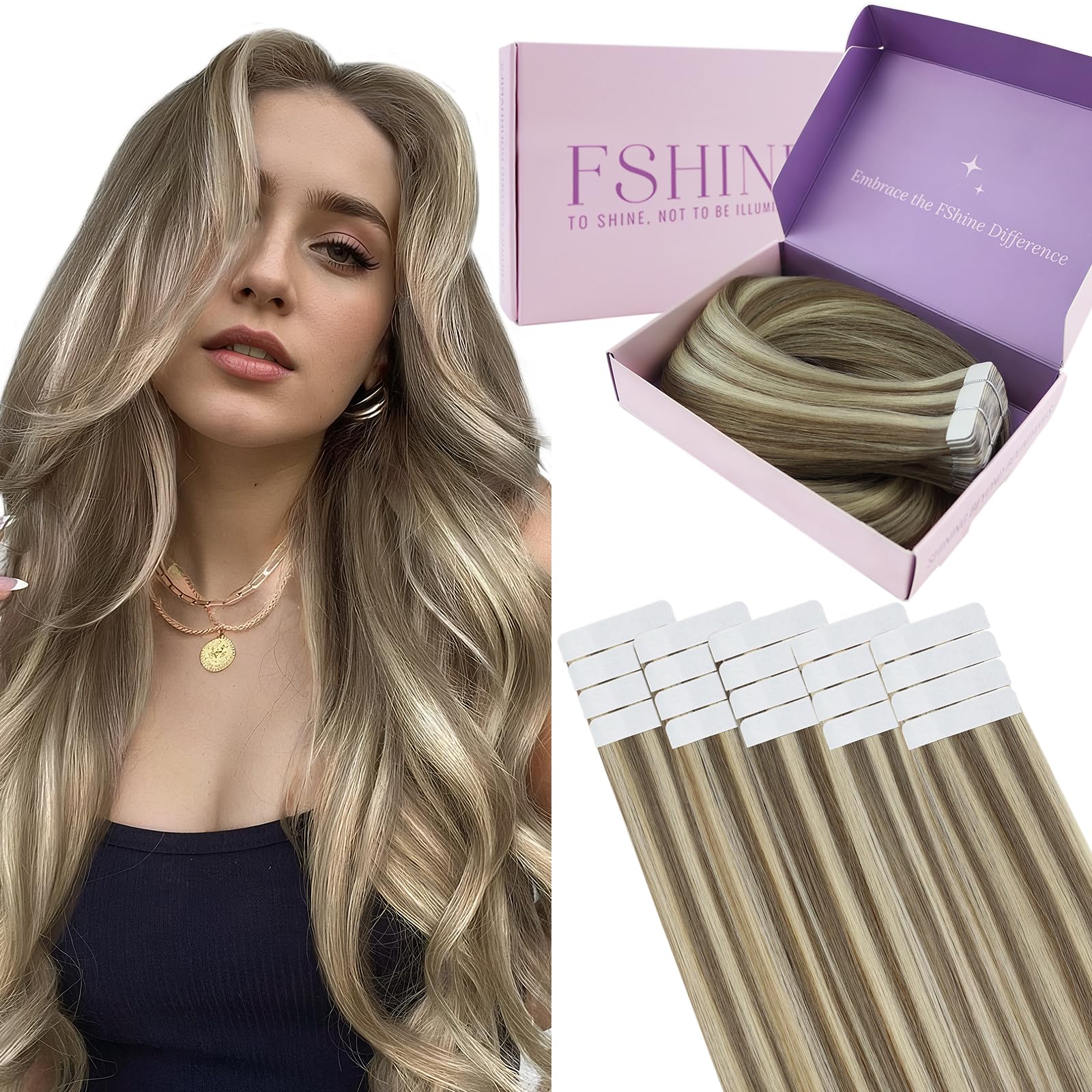 Fshine Extension Biadesivo Capelli Veri 30CM 30g 20Pcs Extension Remy Biadesive Marrone Chiaro Alto Biondo Platino Extension Capelli Veri Adesive Brasiliani Tape Hair Extension 8P60