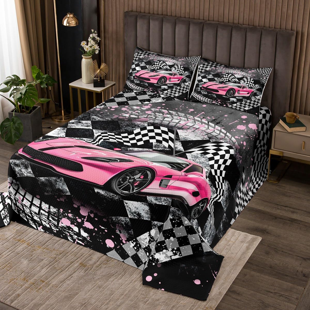 Girls Boys Racing Quilt Set Queen Size,Kids Race Car Lightweight Coverlet Bedspread,Extreme Sports Bed Cover Set,Teens Youth Cool Car Bedspread 3 Piece (1 Quilt,2 Pillow Shams)
