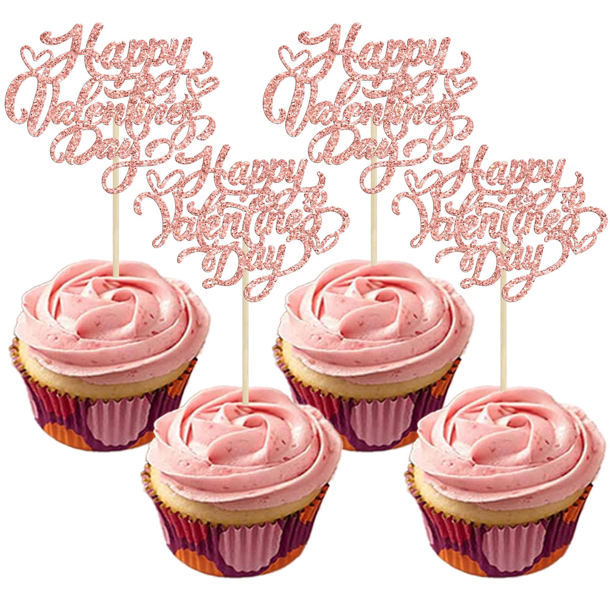 Gyufise 24Pcs Happy Valentines Day Cupcake Toppers Rose Gold Glitter Valentines Day Cupcake Food Decor for Wedding Anniversary Party Decorations