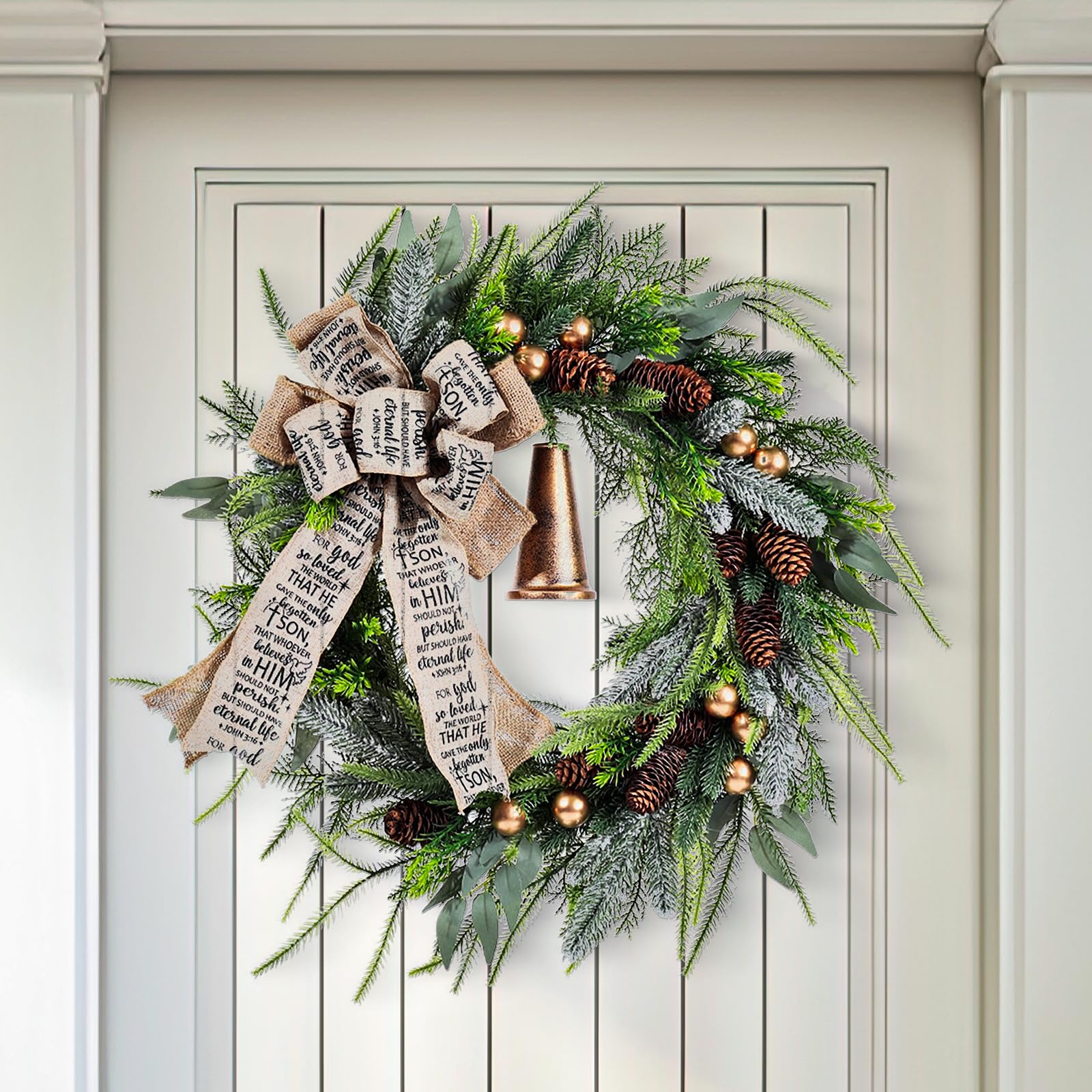 Corona para puerta de Navidad, 45 cm, decoración navideña para puerta de casa con campanas, corona de Navidad artificial, decoración para interior y exterior