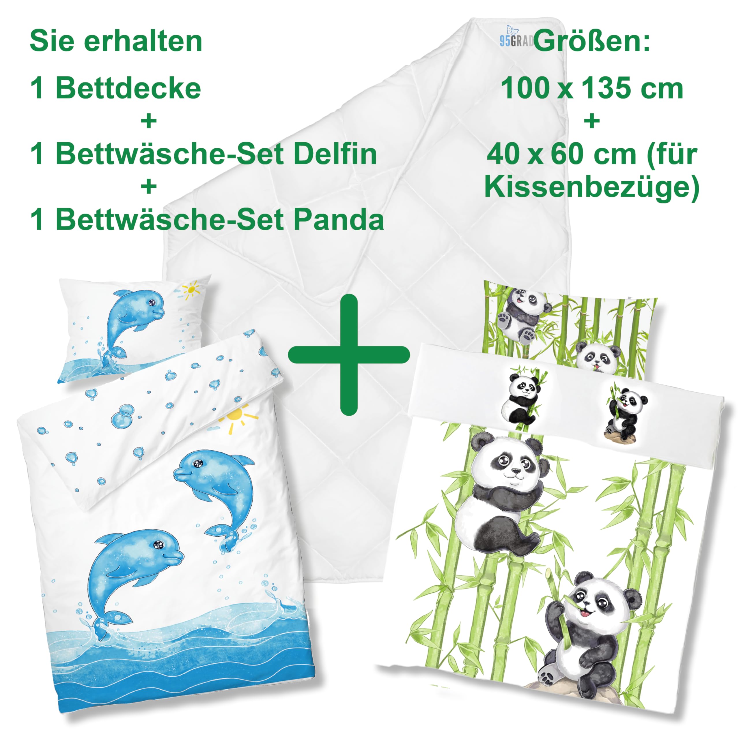 Koru Kids® Kinder Bettdecke 100x135 cm - für Frühjahr/Sommer - Set mit 2 Kinder-Bettbezügen Delfin & Panda – mit 95° waschbar – extra Hygiene für Allergiker – Kinderbettdecke - Duvet