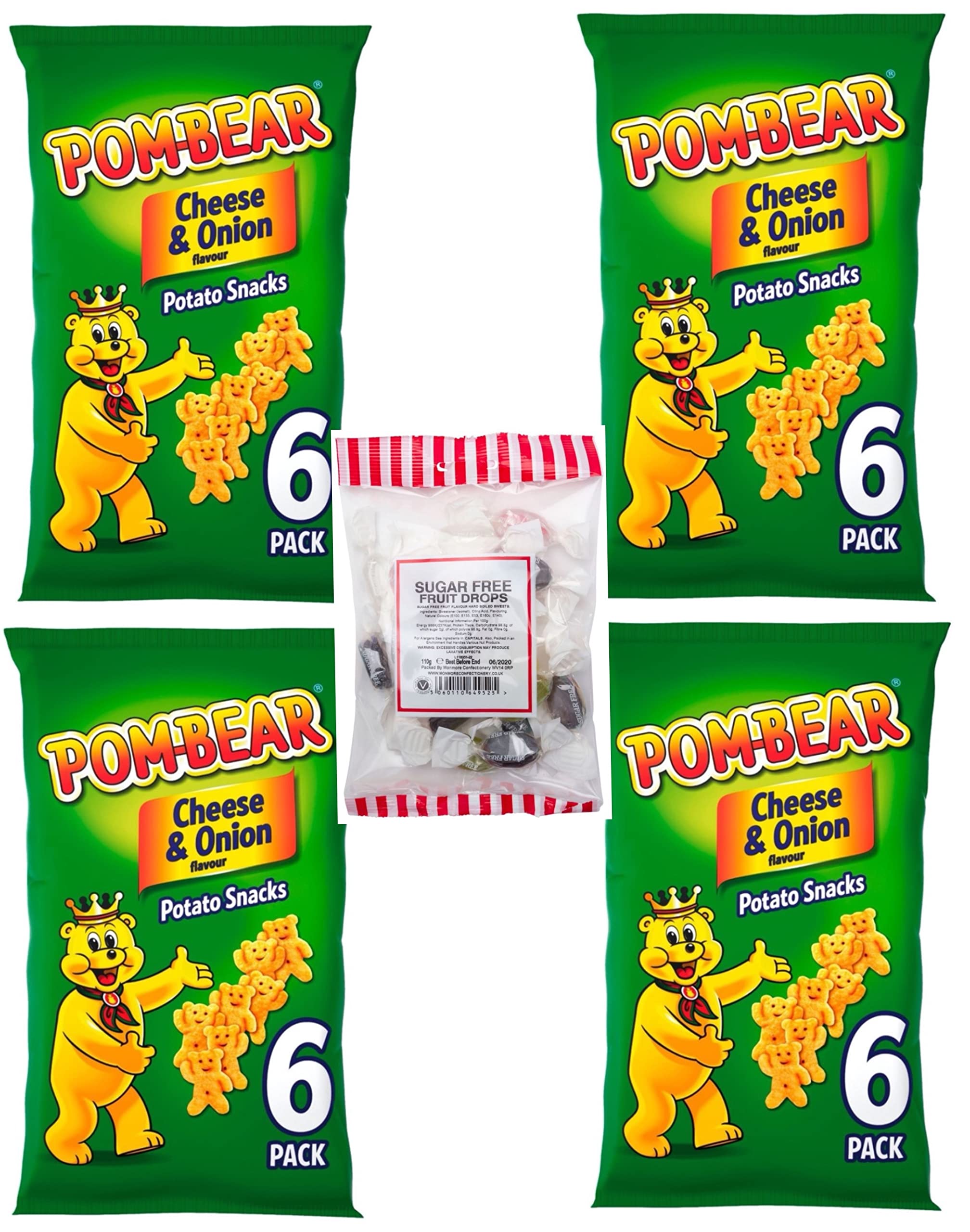 Pom-Bear Crisps 4 x multi 6 Packs Just Cheese & Onion Flavour Gluten Free Potato Snacks + Sugar Free Fruit Drop Sweets Ideal School Lunch Box Picnic Car Journey