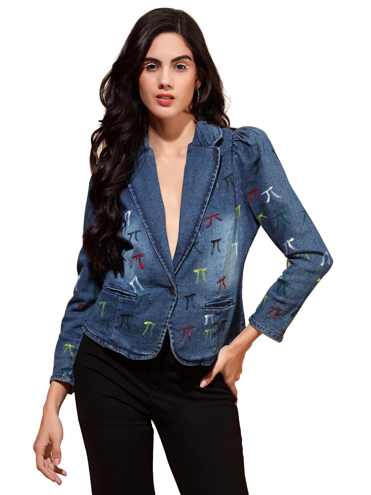 Women Denim Blazer with Hand Paint Design Full Sleeve Regular Length Blazer Blue-image-6