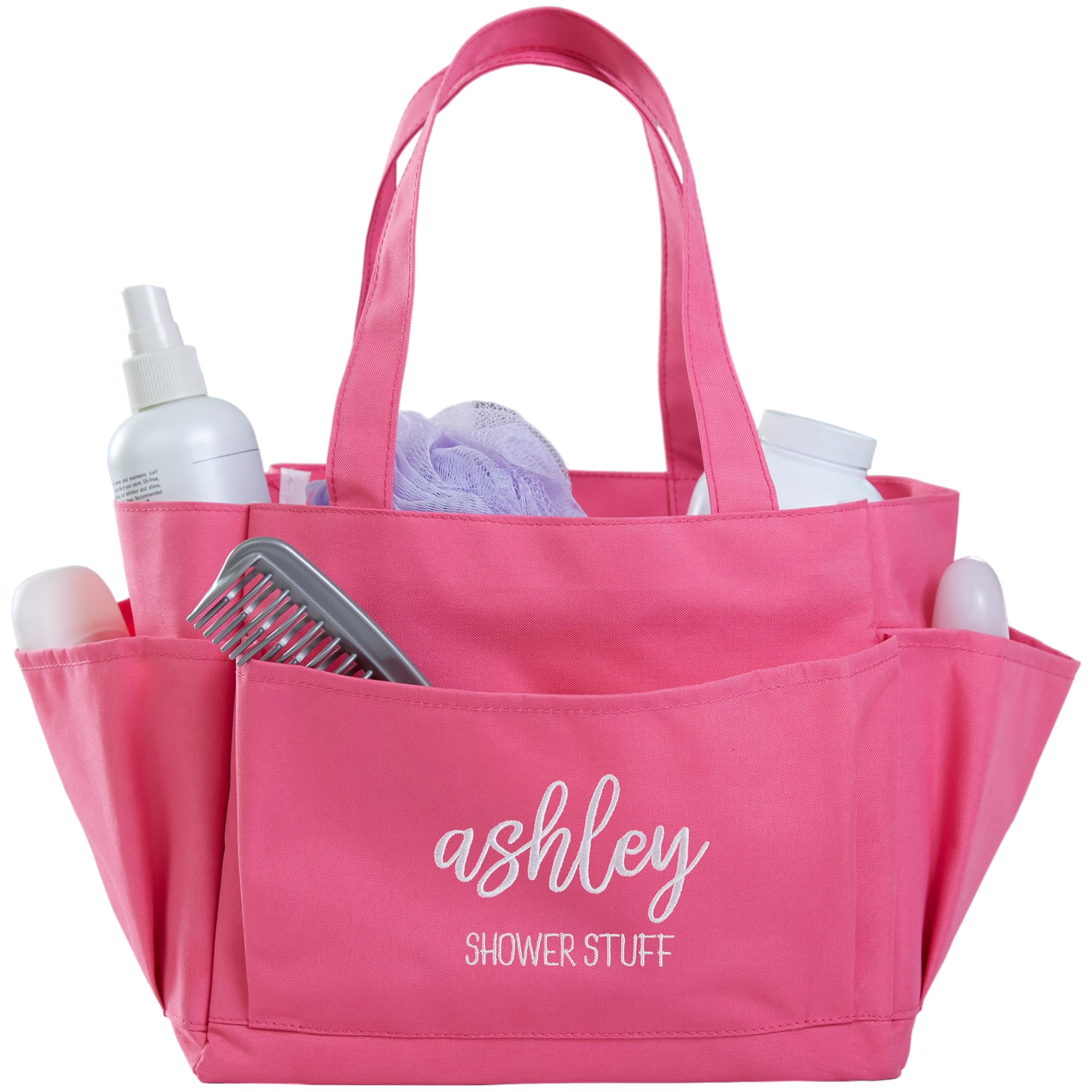 Personalization Universe Scripty Name Embroidered Pink Shower Caddy - Best College Dorm Essential Water-Resistant with Drainage Grommets and