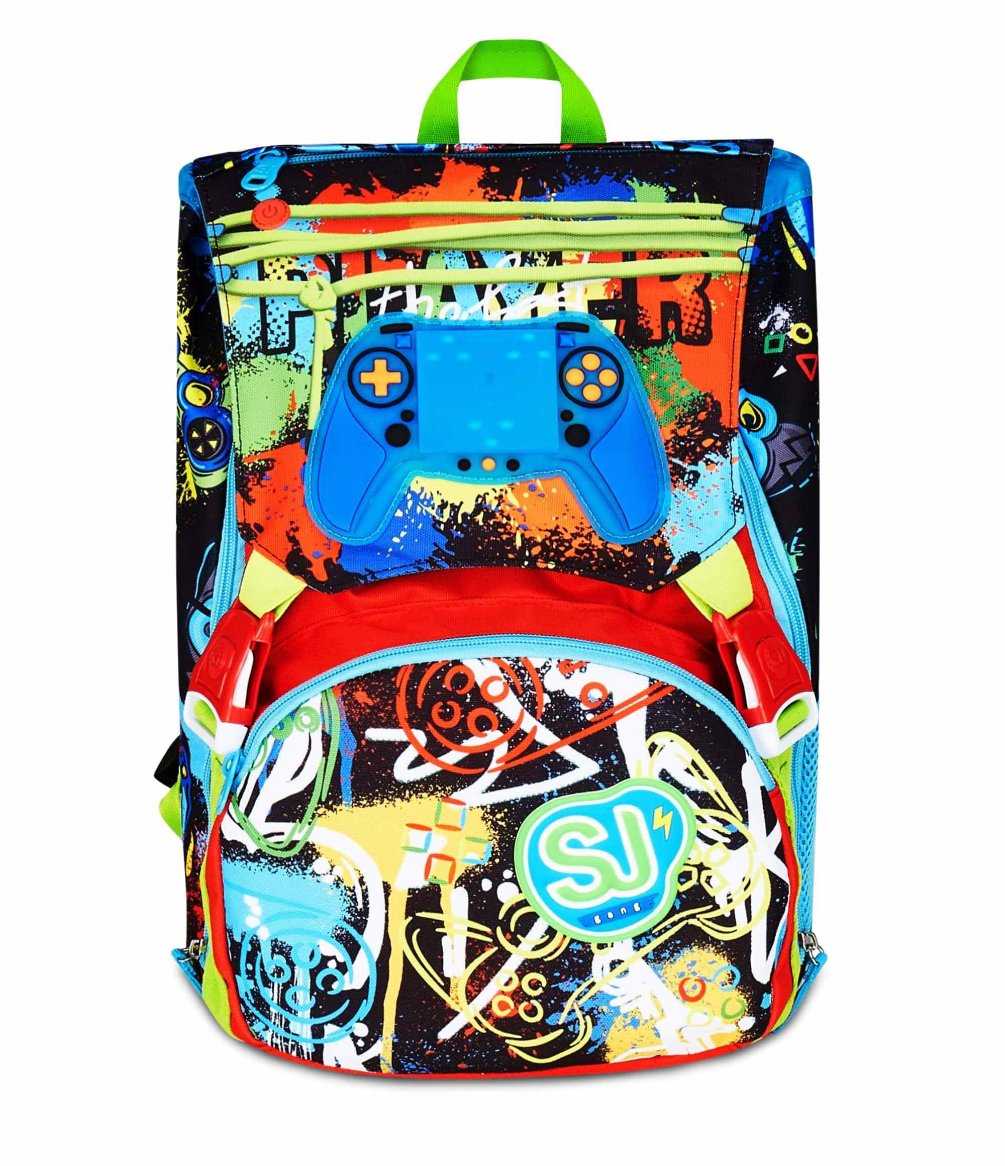 SJ GANG STYLE JAM GANG Zaino Scuola Estensibile Big, Blu, Zaino con Divisorio Interno, Tasca Superiore con LED Joystick, Tasca per Borraccia, 24 L, Zaino Scuola Elementare, Zaino Bambino