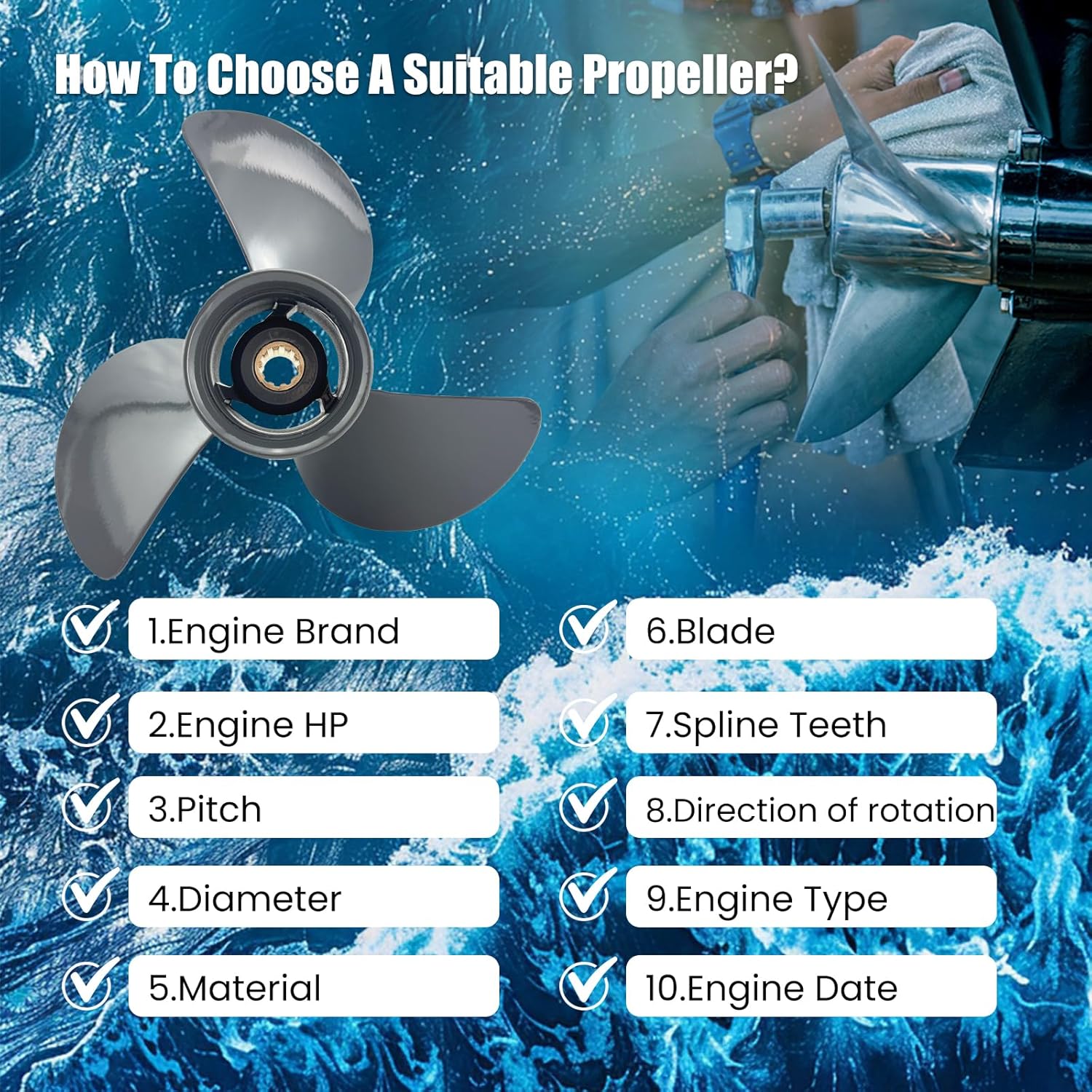 OEM Upgrade Aluminum Outboard Boat Propeller for Honda Engines 9 1/4x12 10 Spline Tooth 25-30 HP,RH