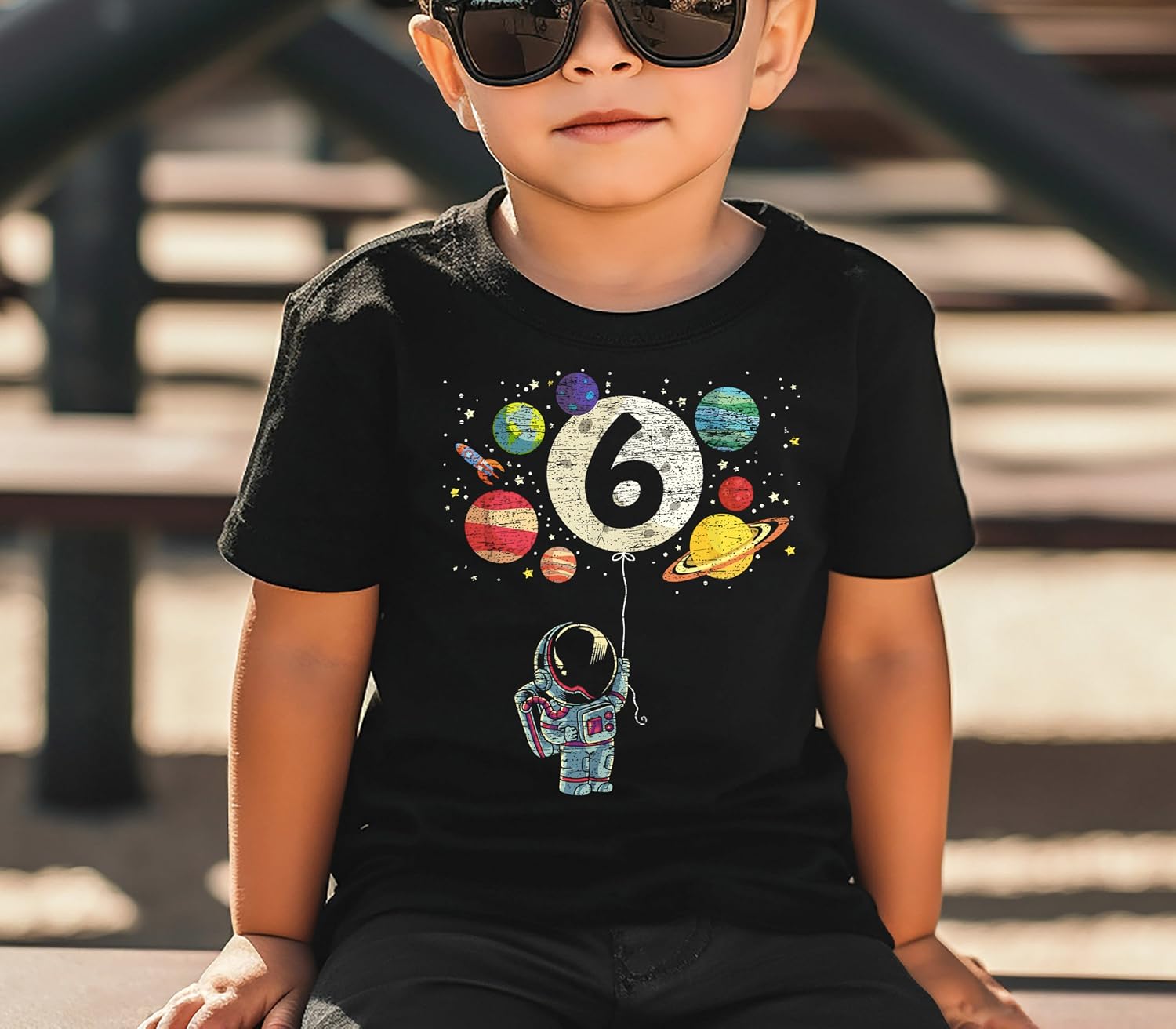 Olive Loves Apple 6th Birthday Rocket Astronaut Themed T-Shirts with Moon Balloon and Planets for Boys and Girls