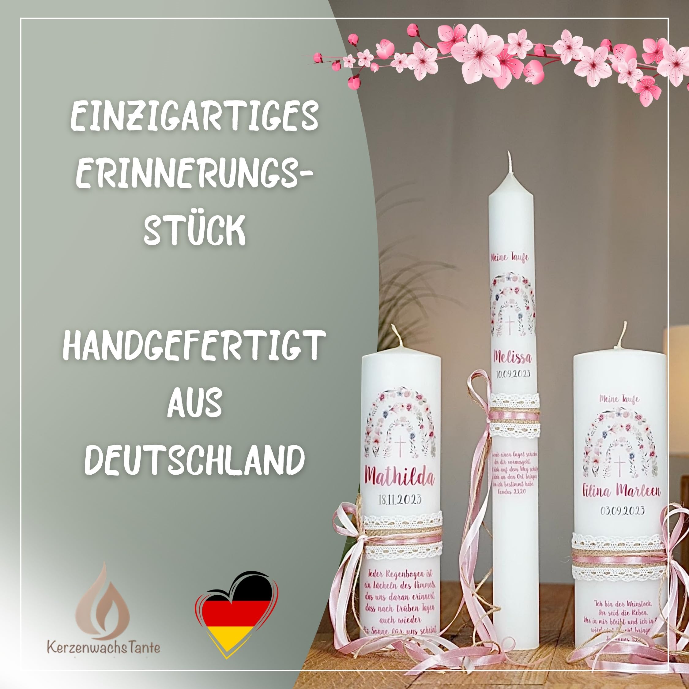 Taufkerze Kommunion Regenbogen mit Blumen und Kreuz - Mit Wunschnamen - Geschenk zur Taufe für Jungen & Mädchen – Handarbeit mit Vintage Spitze & Schleife in rosa (25x7cm)