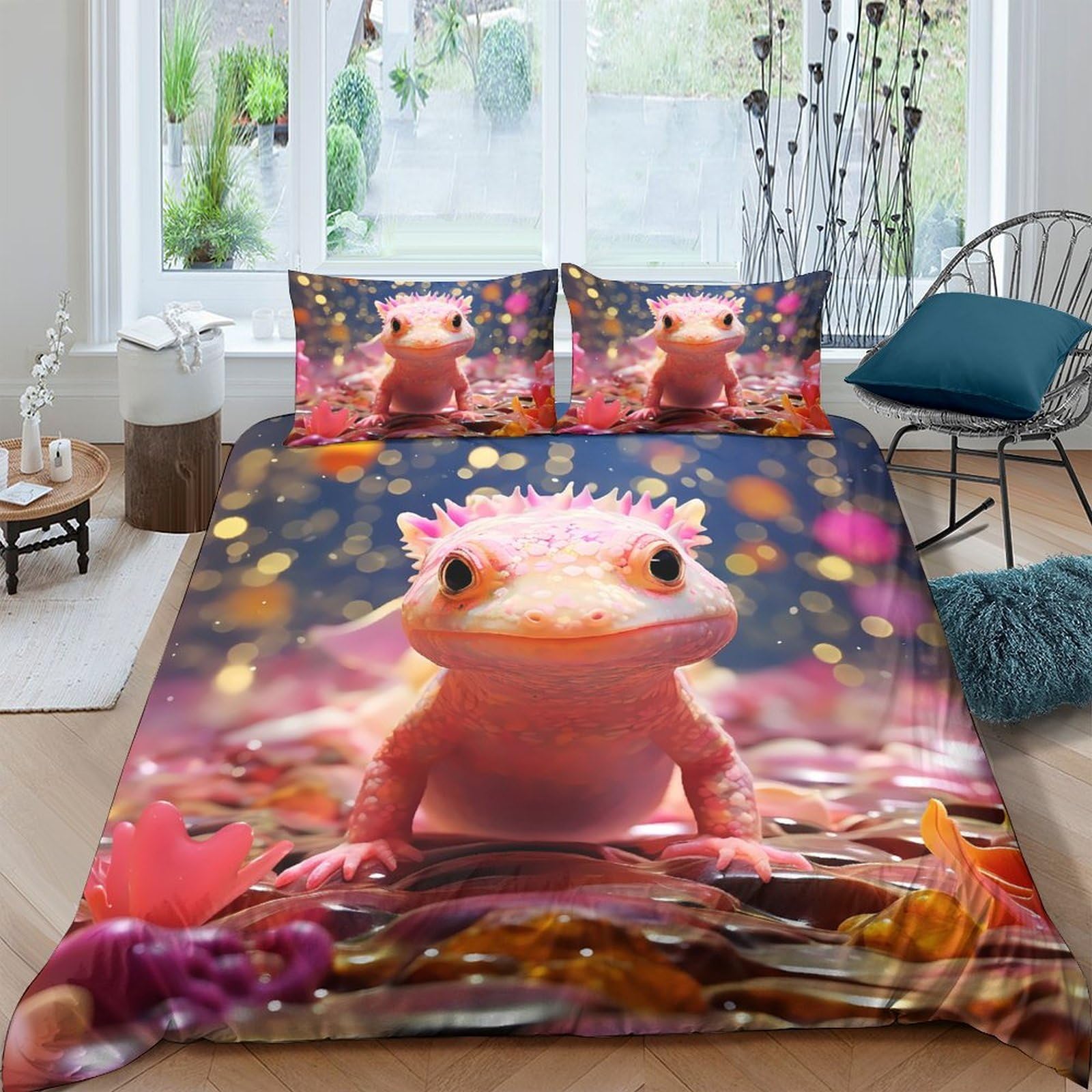 GPLZQXKJNH 3D Printed Pink Axolotl Duvet Cover Set Microfiber Soft Breathable Underwater Bedding with 2 Pillowcases for Bedroom Decor Single（135x200cm）
