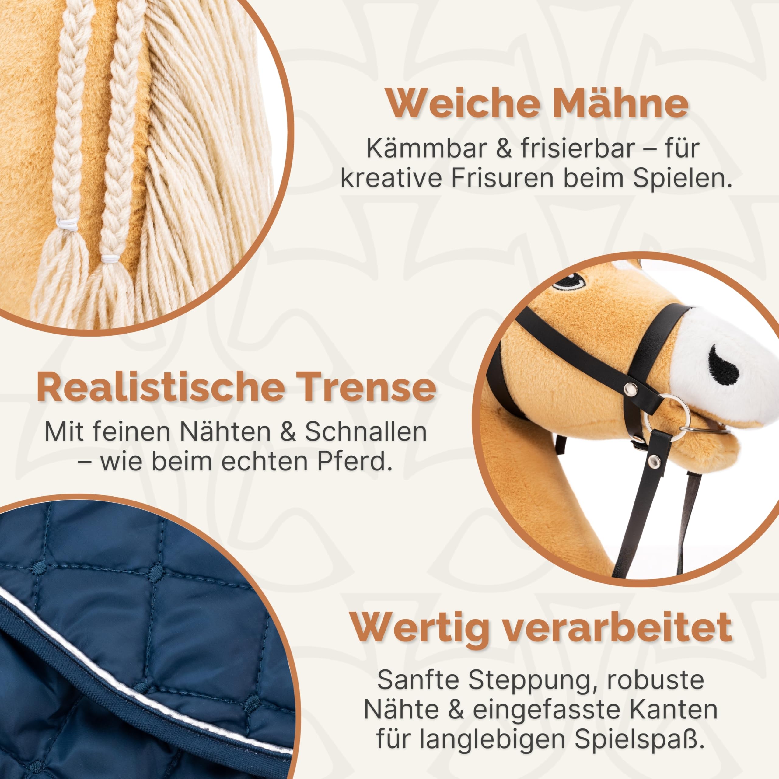 Hobby Horse Set – Großes Steckenpferd für Kinder mit Decke & Fliegenhaube | Komplettes Hobby Horsing Set mit Trense & 35 cm Schraubstab | Braunes Pferd – Blaues Zubehör