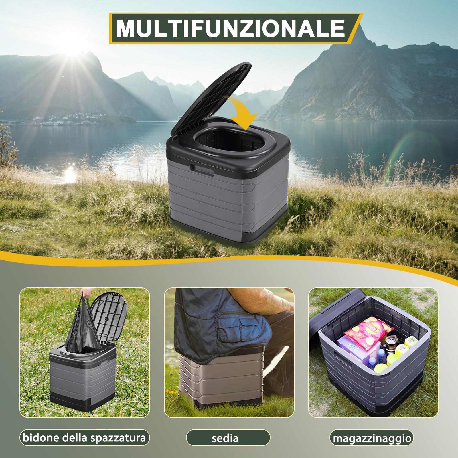 WC Campeggio Portatile XXL, Gabinetto Mobile Adulti Pieghevole Alta 40cm Toilette da Campeggio con 20pc-80x90cm Sacchetti per rifiuti | Facile da Pulire, archiviazione Portatile