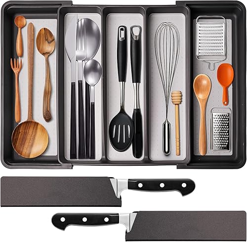 Organizador de cajones de cubiertos, organizadores de cajones expandibles, bandeja de cubiertos y cubiertos sin BPA, almacenamiento de plástico