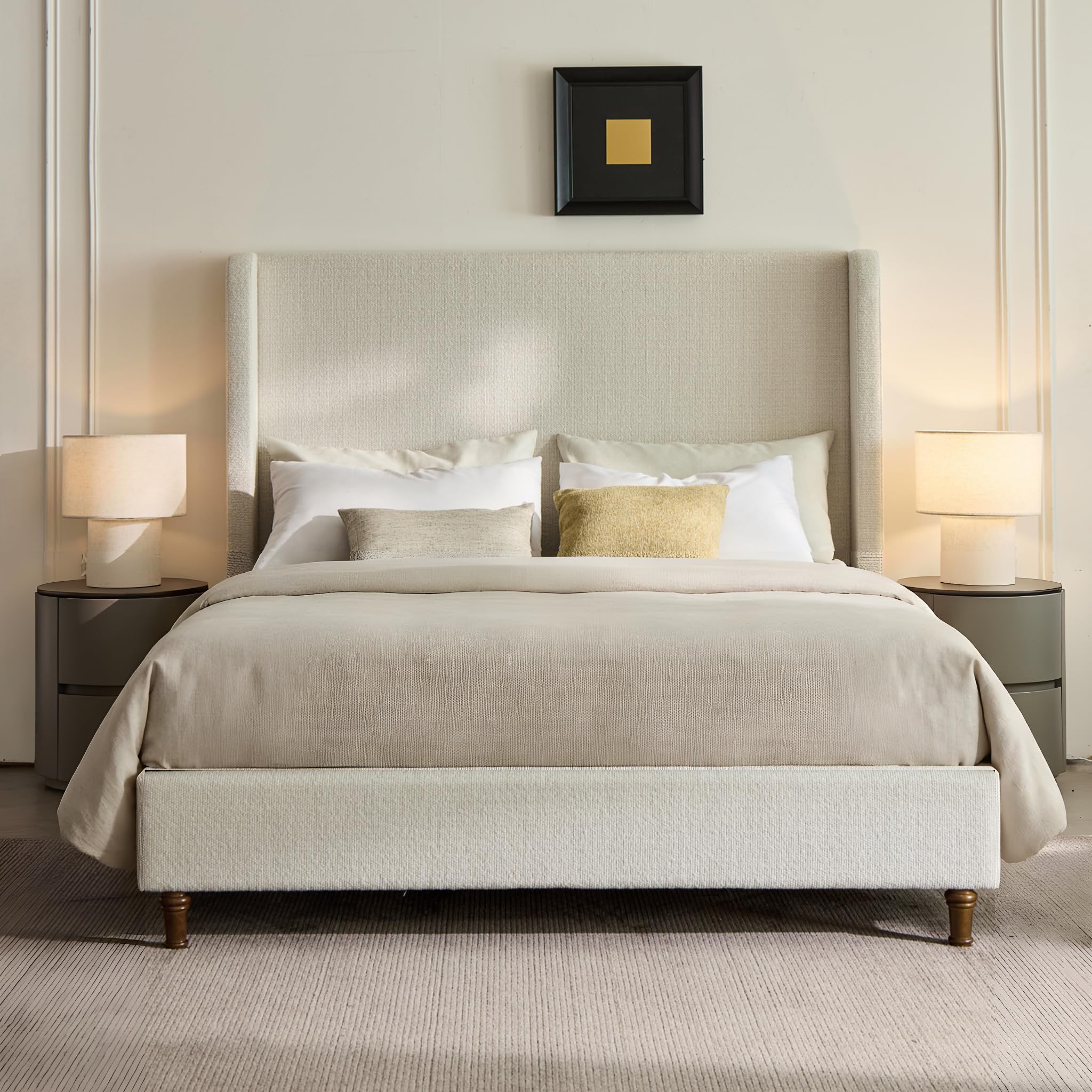 KEIKI Boucle Queen Size Bed Frame, 54" Tall Headboard Upholstered Platform BedFrame with Wingback, Elegant Simplicity, No Box Spring Needed, Solid Oak