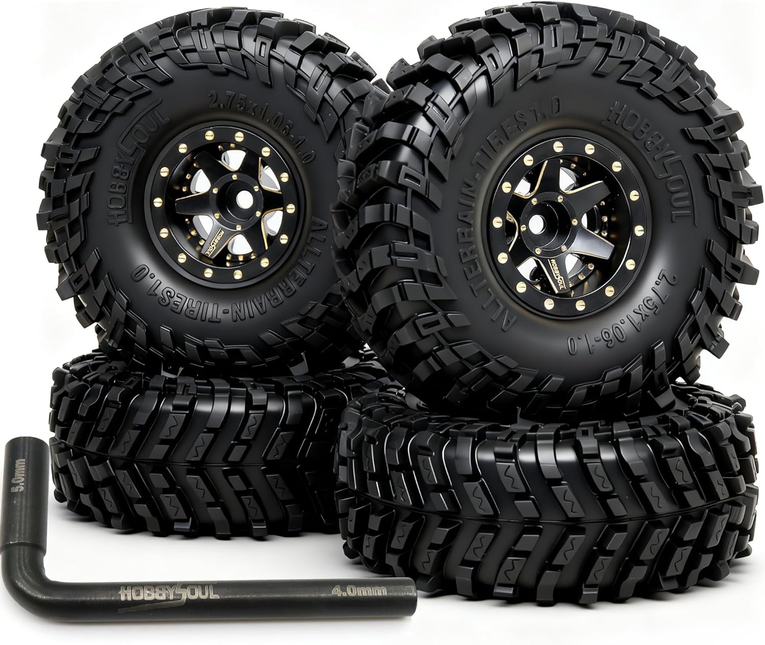 HOBBYSOUL Brass RC 1.0 wheels and tires 70mm Tall, Soft Sticky 1.0 All Terrain Tires Tyres & 1.0 beadlock wheels Negative Offset Rims Black For RC Crawler TRX4M SCX24