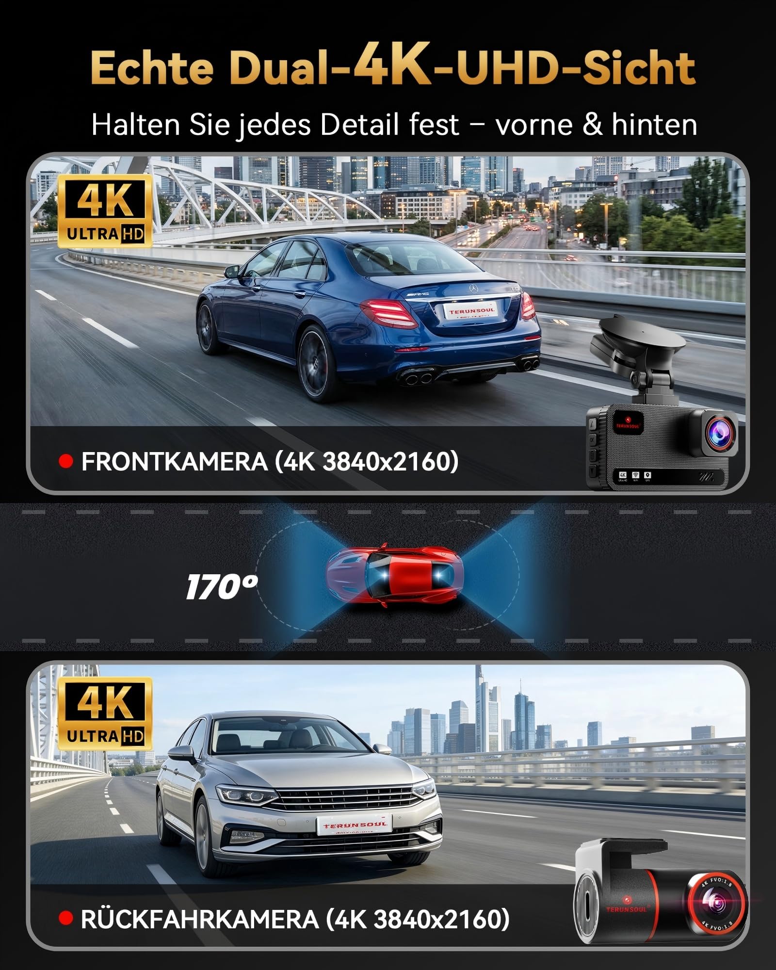 Dashcam per auto 4K + 4K, dash cam anteriore posteriore con | scheda da 128 GB, GPS, WiFi 5,8 GHz, IPS da 3", monitoraggio del parcheggio, registrazione in loop, visione notturna
