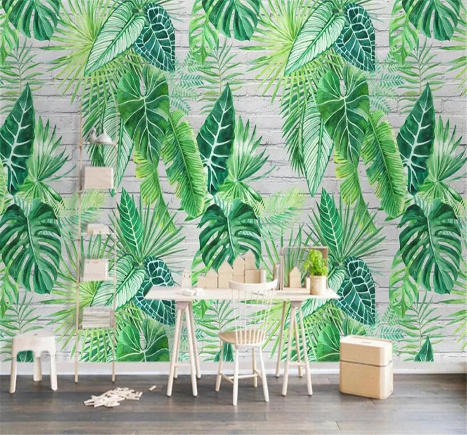 Tzxztt Minimalism Tropical Plants Green Leaves Brick Wall Modern 3D Wallpaper Premium Textured Silk Neutral Tones Material Ideal for Living Room Bedroom-150cm×105cm