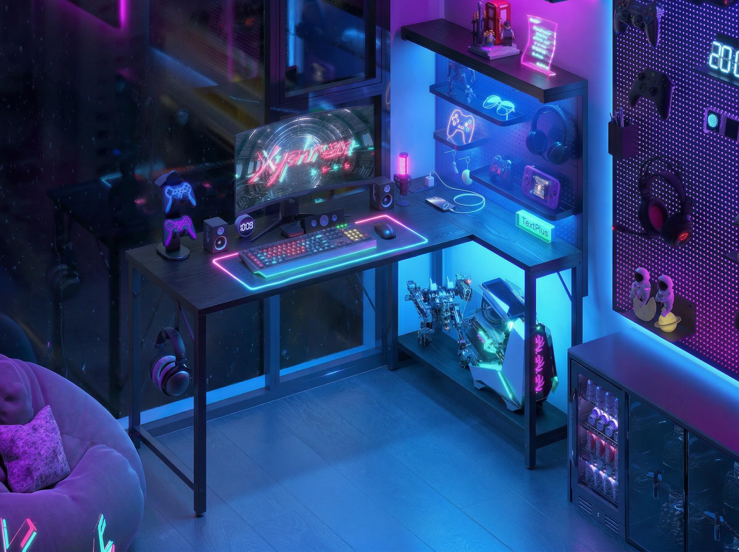 120*80 cm mesa gaming en forma de L con panel perforado y estanterías, mesa de ordenador de esquina con enchufe, escritorio de oficina reversible con 3 estantes desmontables para hogar, Negro