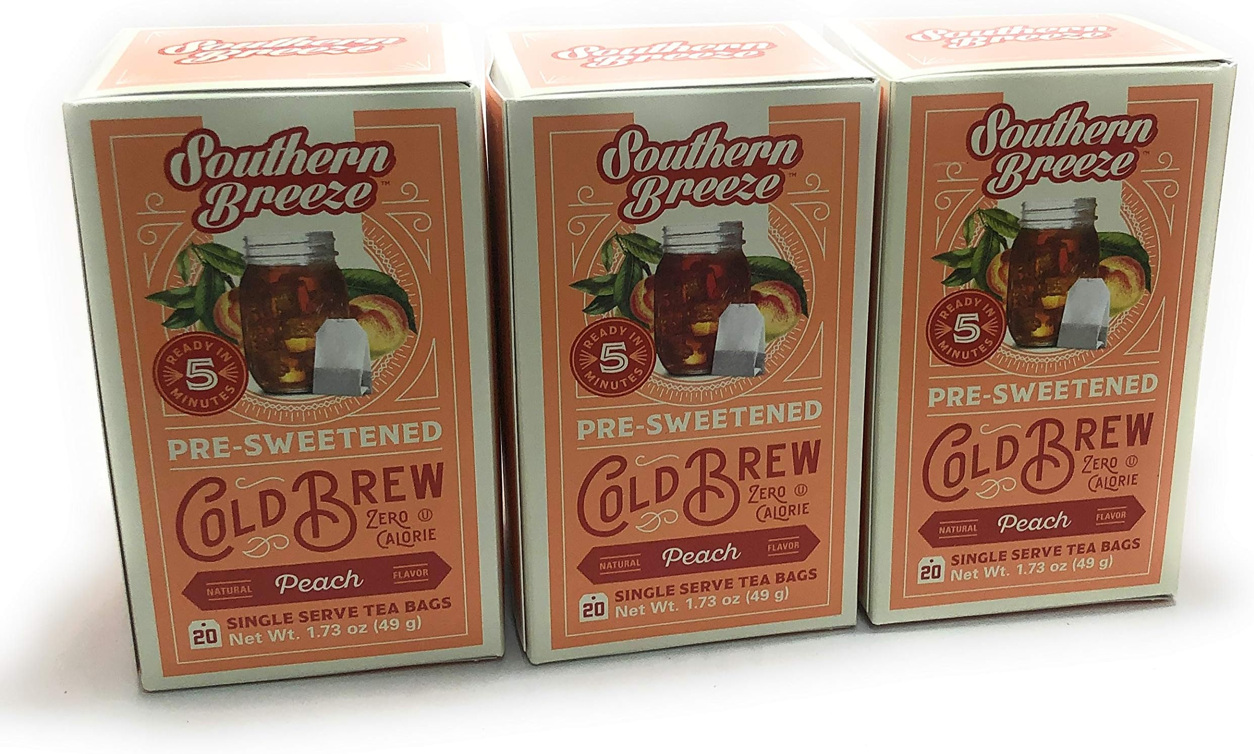 Southern Breeze Pre-Sweetened Peach Cold Brew Pack of 3 Box, 20 Single Serving Tea Bags Zero Calorie