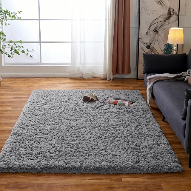 Obundi Soft Touch Area Rug Bedroom Anti-Skid Yoga Carpet Shaggy Rugs Fluffy Motley Solid Carpets Luxury Faux Fur Rug (Grey,160×230cm