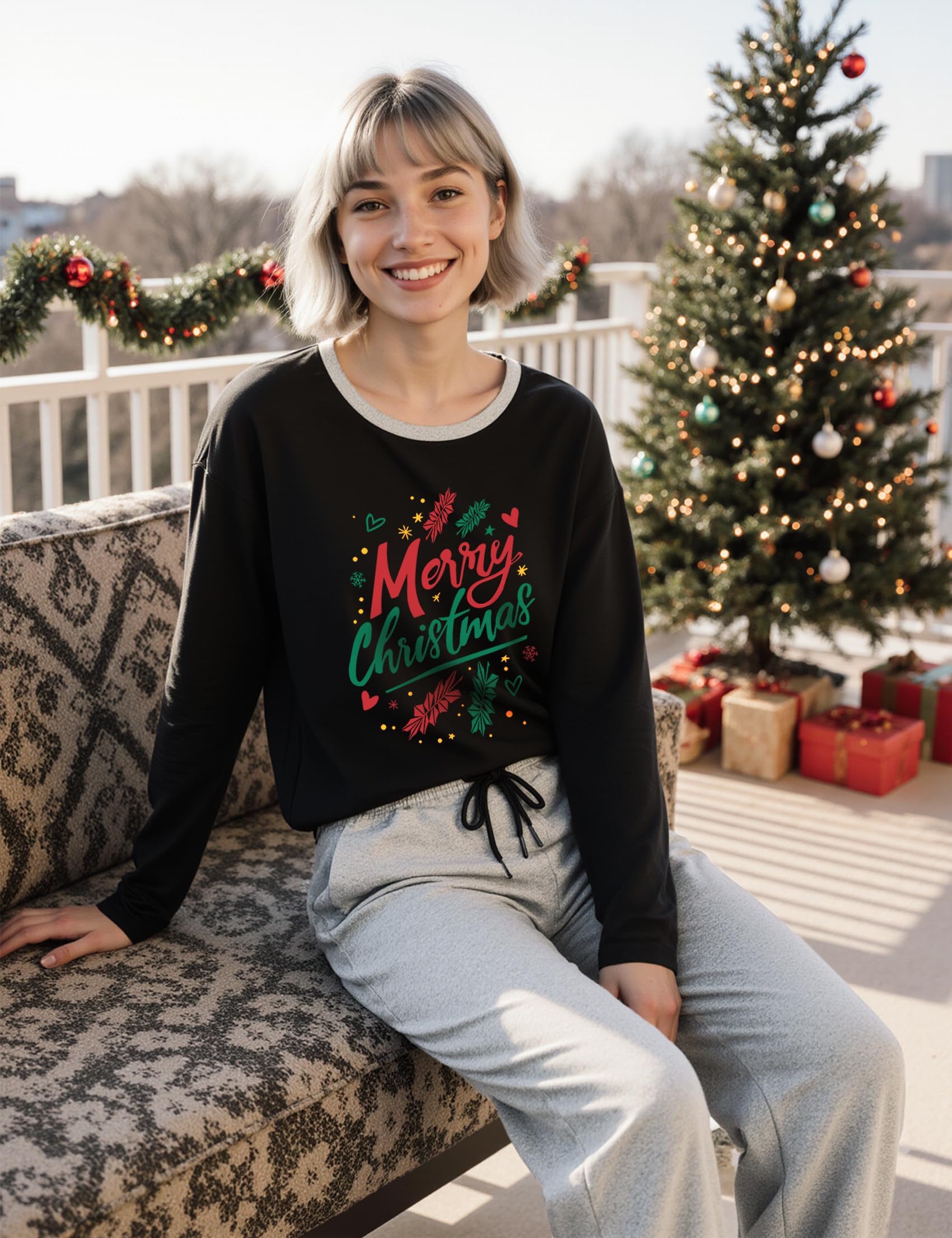 Pyjama Femme Hiver Ensembles de Pyjama à Col Rond 2 Pièces Vêtements de Nuit Doux T-Shirt Manches Longues et Pantalon avec Poches S-XXL
