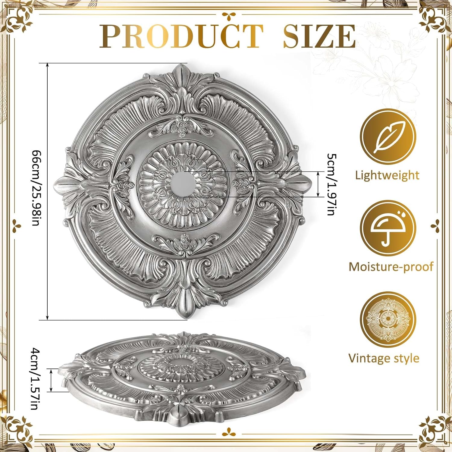 Leinuosen 26" OD x 2"ID Lighting Ceiling Medallion PU Decorative Ceiling Fan Chandelier Medallion Round Large Cover Plate French Retro Silver Decoration for Home Light Fixtures Decorative