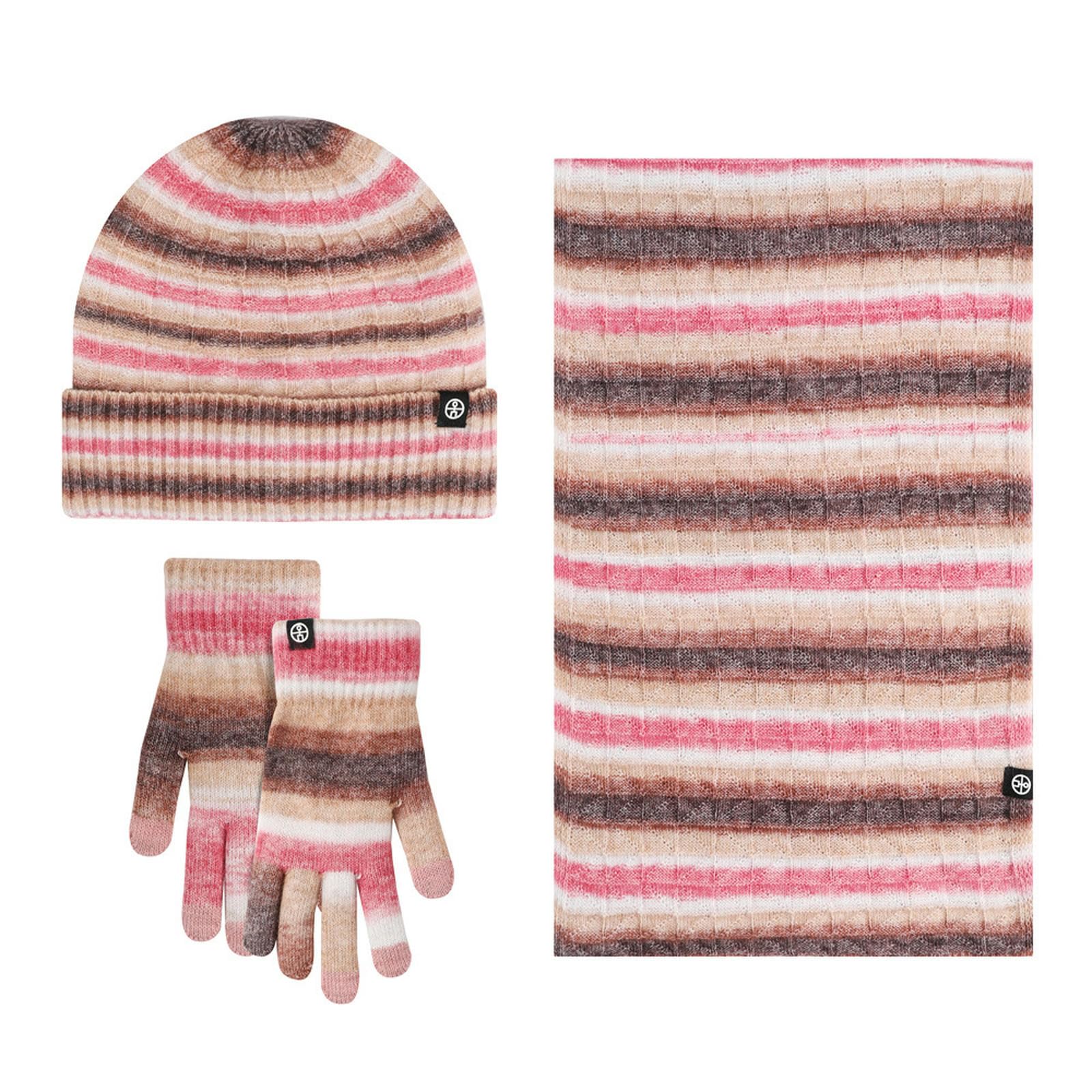 Mütze,Schal & Handschuh-Sets Frauen 3Pcs Winter Kaltes Wetter Set Strickmütze Cap Touchscreen Handschuhe Kreis Hals Schal Für Erwachsene-Roter Verlauf