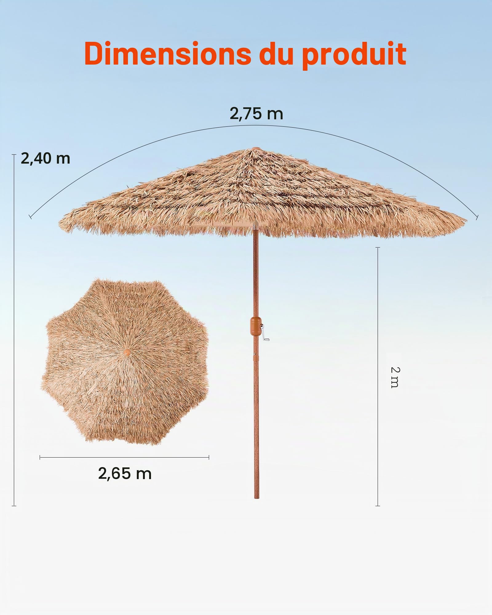 VEVOR Tiki – Parasol de terrasse inclinable, style hawaïen avec chaume en polypropylène durable, pour plage, terrasse, bord de piscine, arrière-cour et jardin