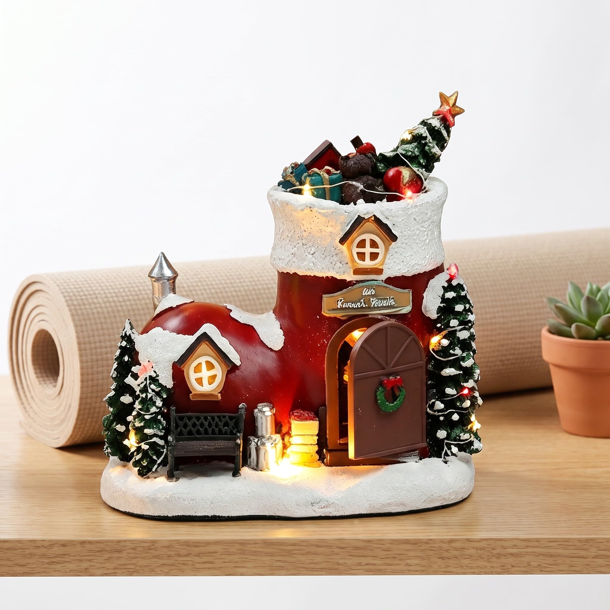 Toddmomy Carillon Natalizio con luci: Carillon Natalizio a Forma di Stivale in Resina Dipinto a Mano con luci LED e sportello apribile - A Batteria, Ideale Come ricordo Musicale per Tavolo, caminetto
