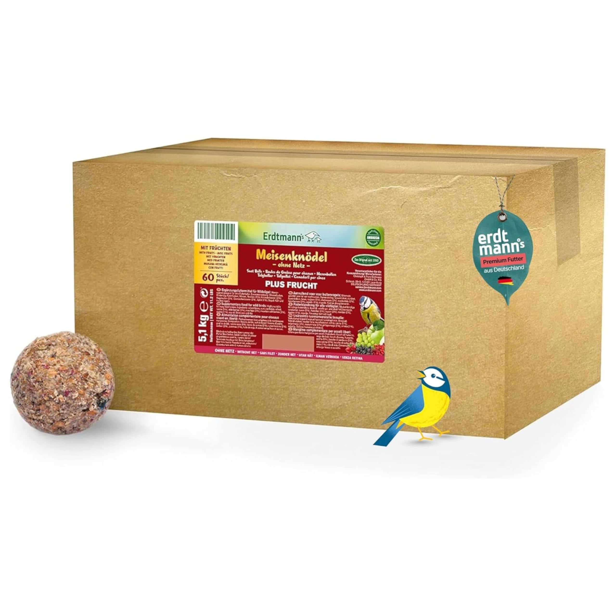 ERDTMANNS - 60 Meisenknödel Plus Frucht ohne Netz für Wildvögel I Premium Sortiment I Hoher Fruchtanteil I Wertvolle Zutaten I Umweltfreundlich I Große Menge