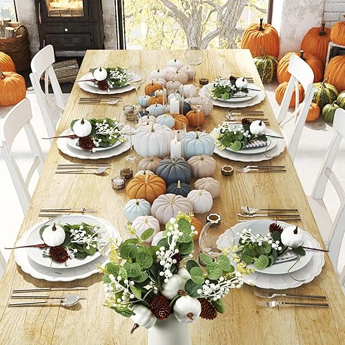 Miniatura 6 de Cindeer 16 piezas de palillos de calabaza blanca de otoño, hojas de eucalipto artificiales, tallos de piñas y bayas de 9 pulgadas, arreglos florales