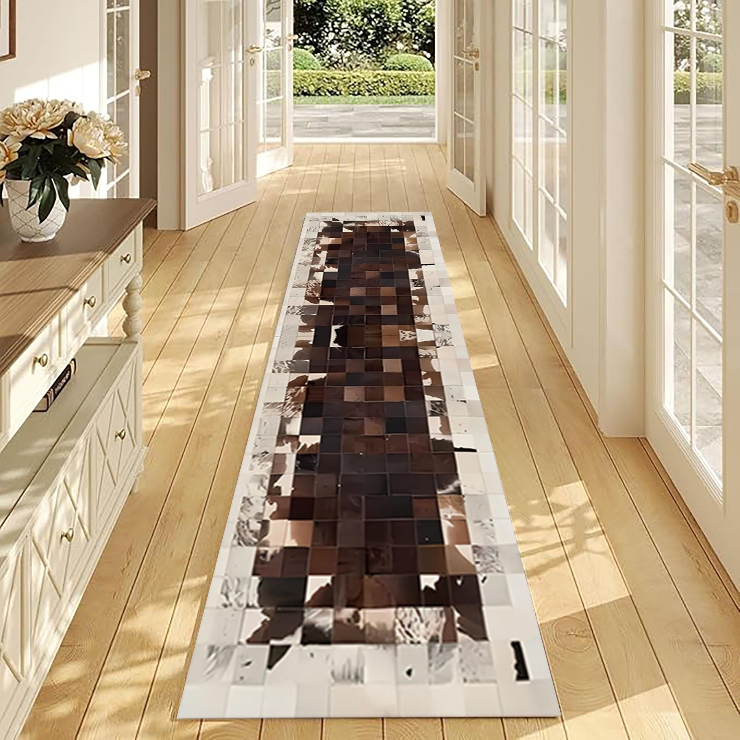 Carpet Runners for Hallways50x150cm, Non-Slip Long Geometric Hall Runner Narrow Rugs Brown Lattice Washable Runner Carpet Floor Mat, Kitchen Runners Entryway Corridor Patchwork Modern Home Decor