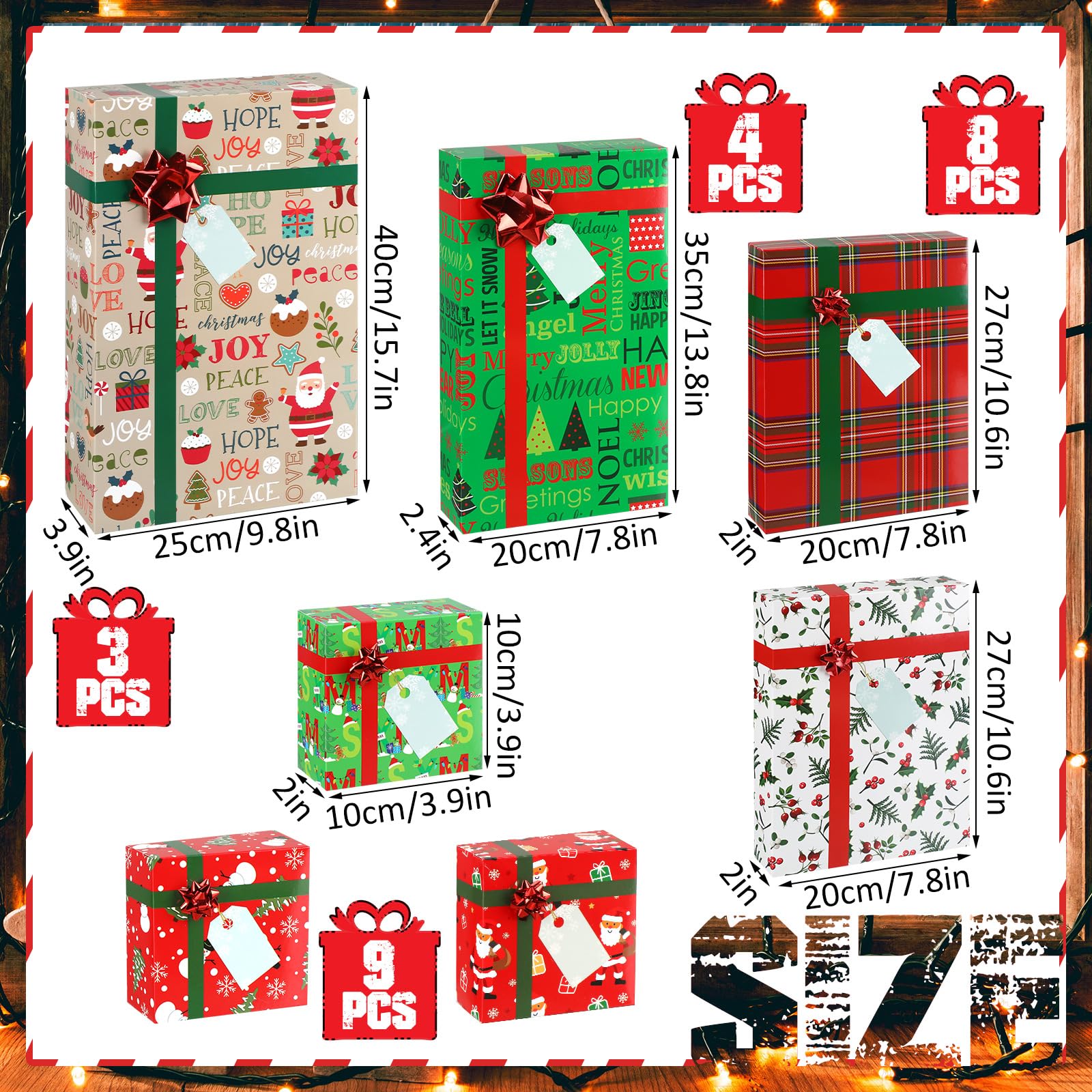 Lot de 24 boîtes cadeaux de Noël avec couvercles et nœuds rouges - Boîtes cadeaux de Noël - 4 tailles - Boîtes cadeaux de Noël pour emballer des cadeaux de Noël