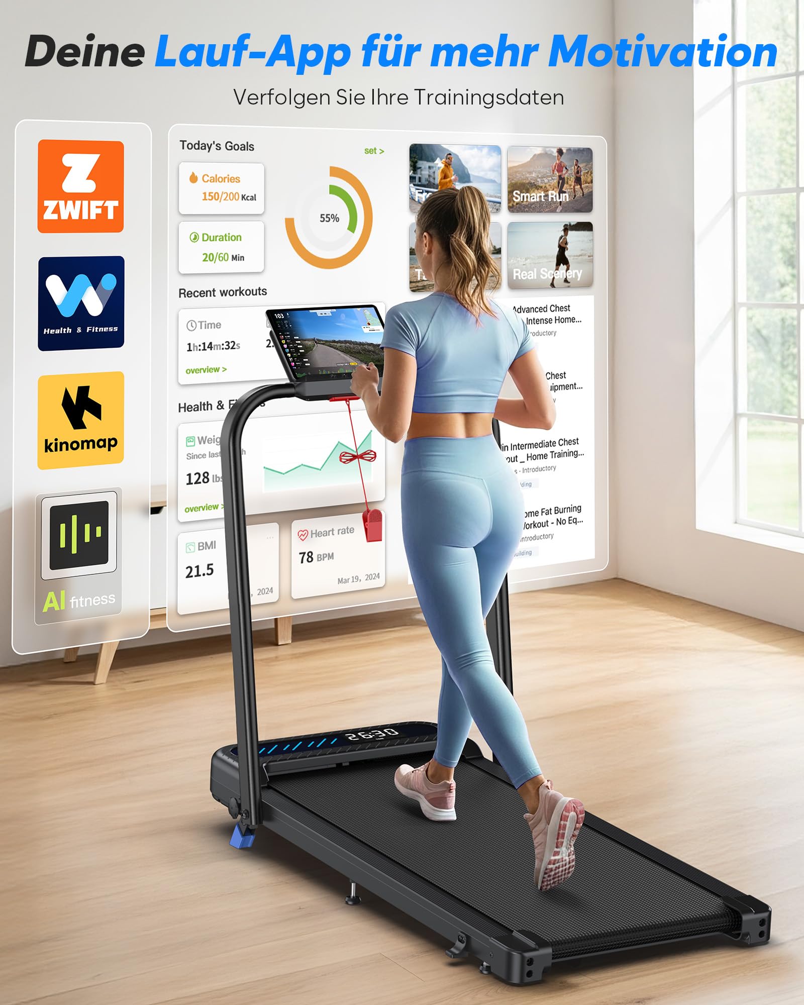 Laufband für Zuhause Klappbar, 6 in 1 Walking Pad mit Steigung, 3.0PS Klappbares Laufband für Zuhause & Büro mit LED-Anzeige, Treadmill for Home, Leise Laufband mit APP, Bis 150 kg,Keine Installation