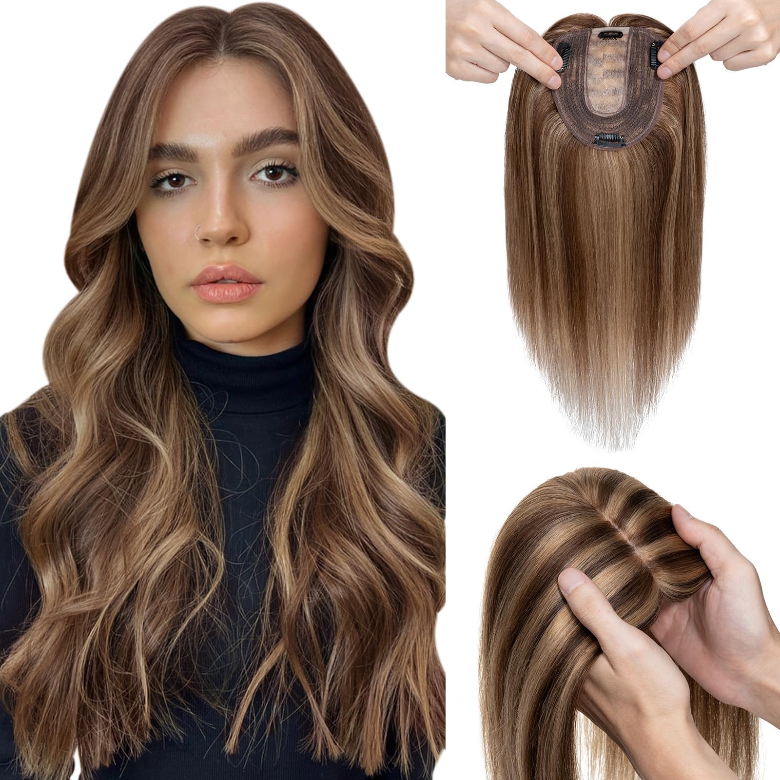 Elailite Human Hair Toppers For Women uk Thinning Hair Real Hair SILK BASE - Clip in Toupee Extensions Crown HairPiece (#4/27 Medium Brown Mix Dark Blonde, 14 Inch)