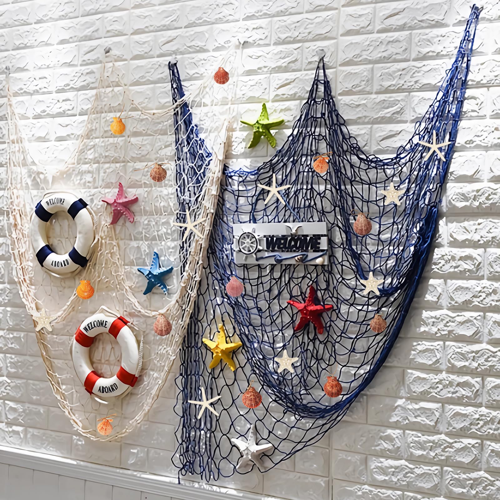79 x 59 inch Nature Fish Net Wall Decoration with Colorful Sea Shells and 10 Pcs Natural Starfish Ocean Themed Mediterranean Style Fishing Net for Beach Party,Wedding,photography Wall Decoration