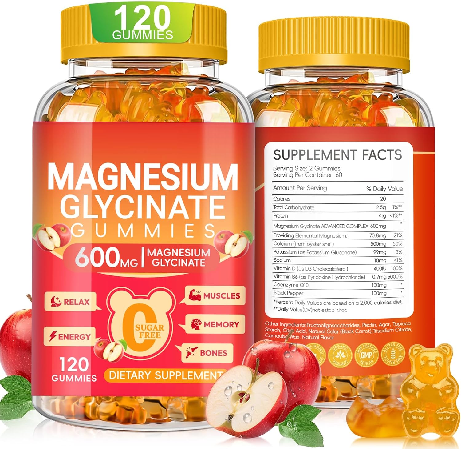 Magnesium Glycinate Gummies 600mg High Absorption, Magnesium Glycinate for Women and Men with Vitamin D, B6, and CoQ10 for Adults & Kids, Magnesium Supplement for Calm Support & Sleep, 120 Count