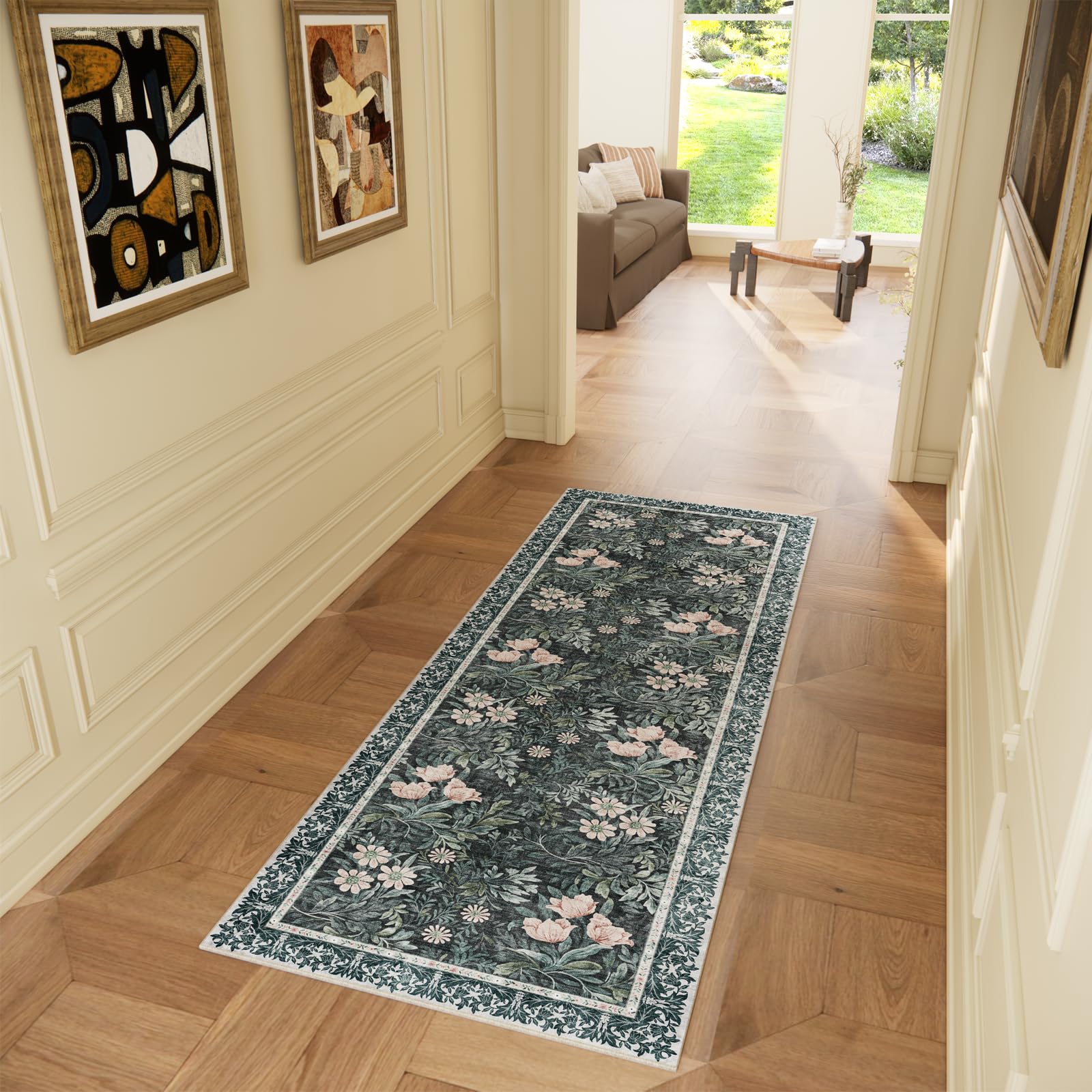 Non Slip Vintage Floral with Ornate Border Hallway Runner Rug - Long Runner Rugs 2x6 Washable Kitchen Floor Mat, Laundry Room Rug, Bathroom Runner