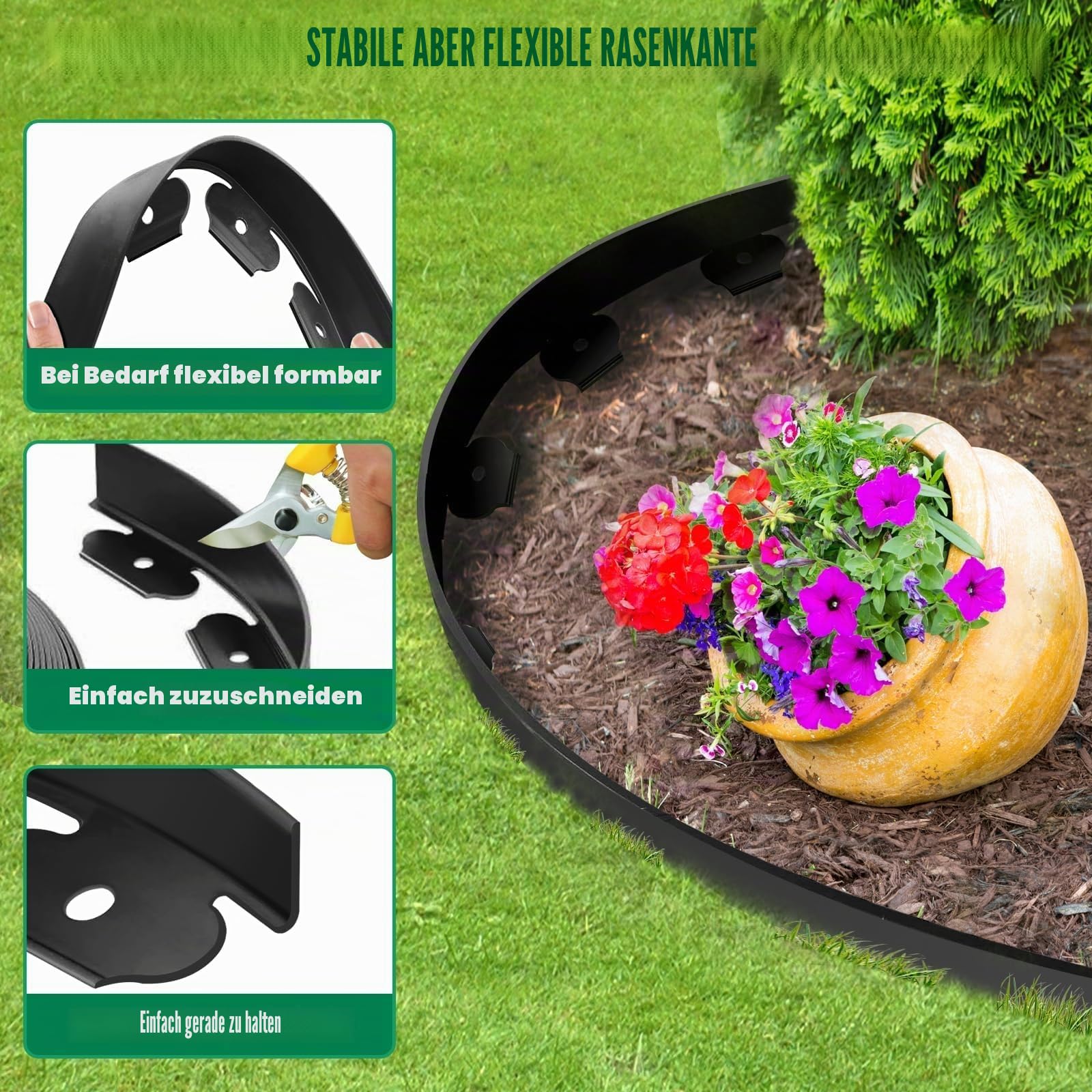 6 cm Höhe x 10 m Landschaftseinfassung mit 30 Verankerungsspießen, Gartenumrandungs-Set, Kunststoffeinfassung, Flexible Umrandung für Garten, Blumenbeete, Rasen, Hof, Pflasterstein(Schwarz, 10M)